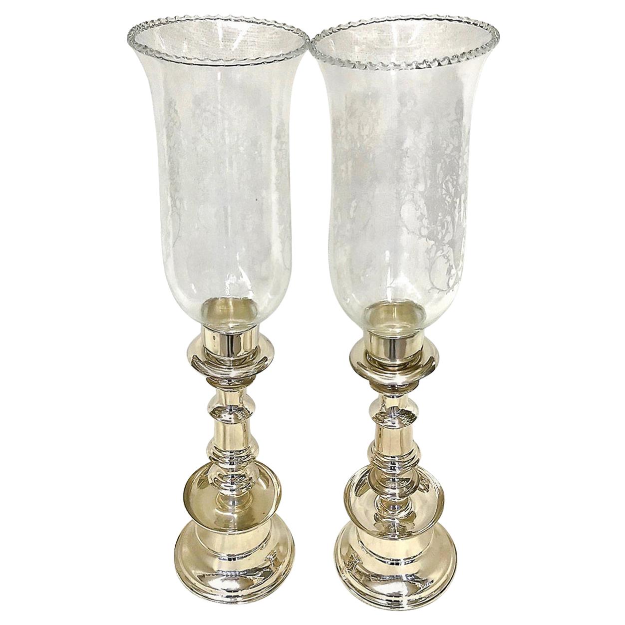 One Pair of .900 Silver Candleholders with Beautiful Hand Design and Glass Cover For Sale