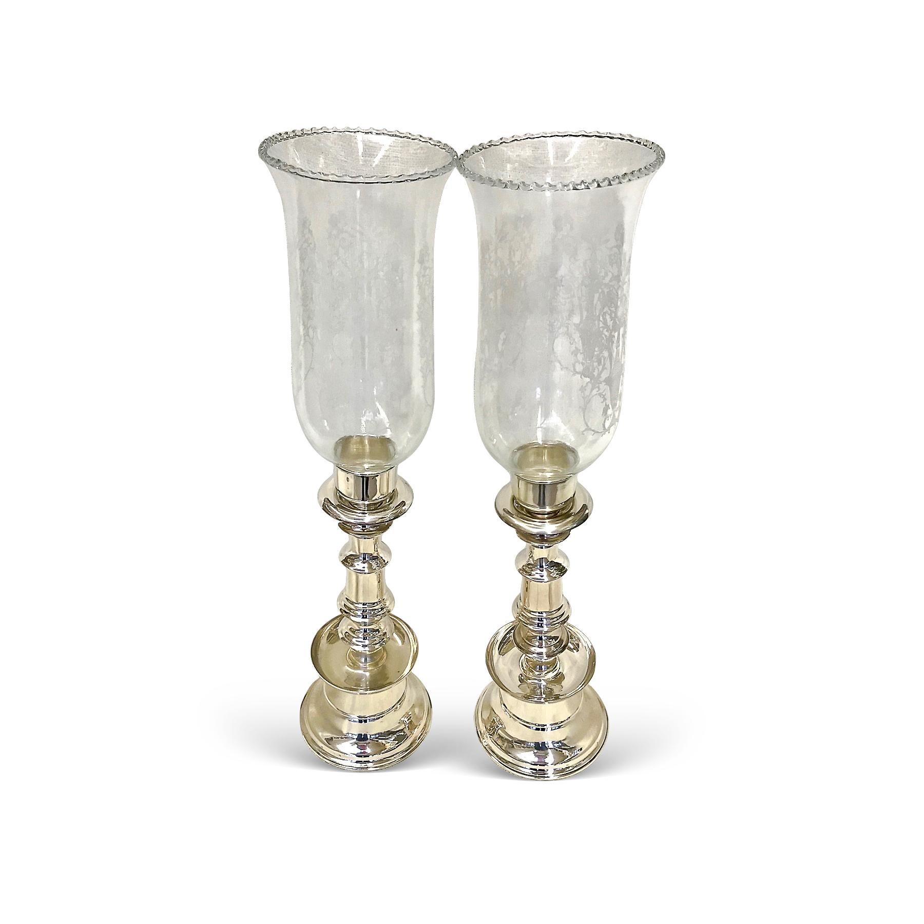 Anglo-Indian One Pair of .900 Silver Candleholders with Beautiful Hand Design and Glass Cover For Sale