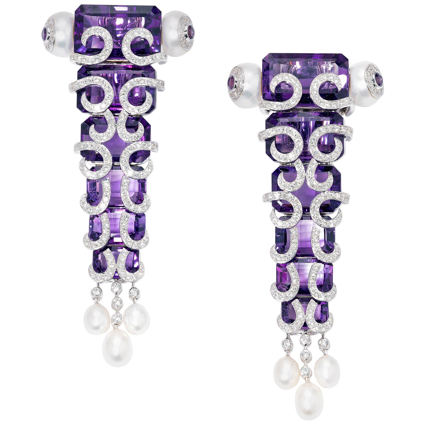 Statement Pair of Amethyst and Pearl Drop Earrings in 18 Karat White Gold For Sale