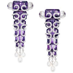 Statement Pair of Amethyst and Pearl Drop Earrings in 18 Karat White Gold