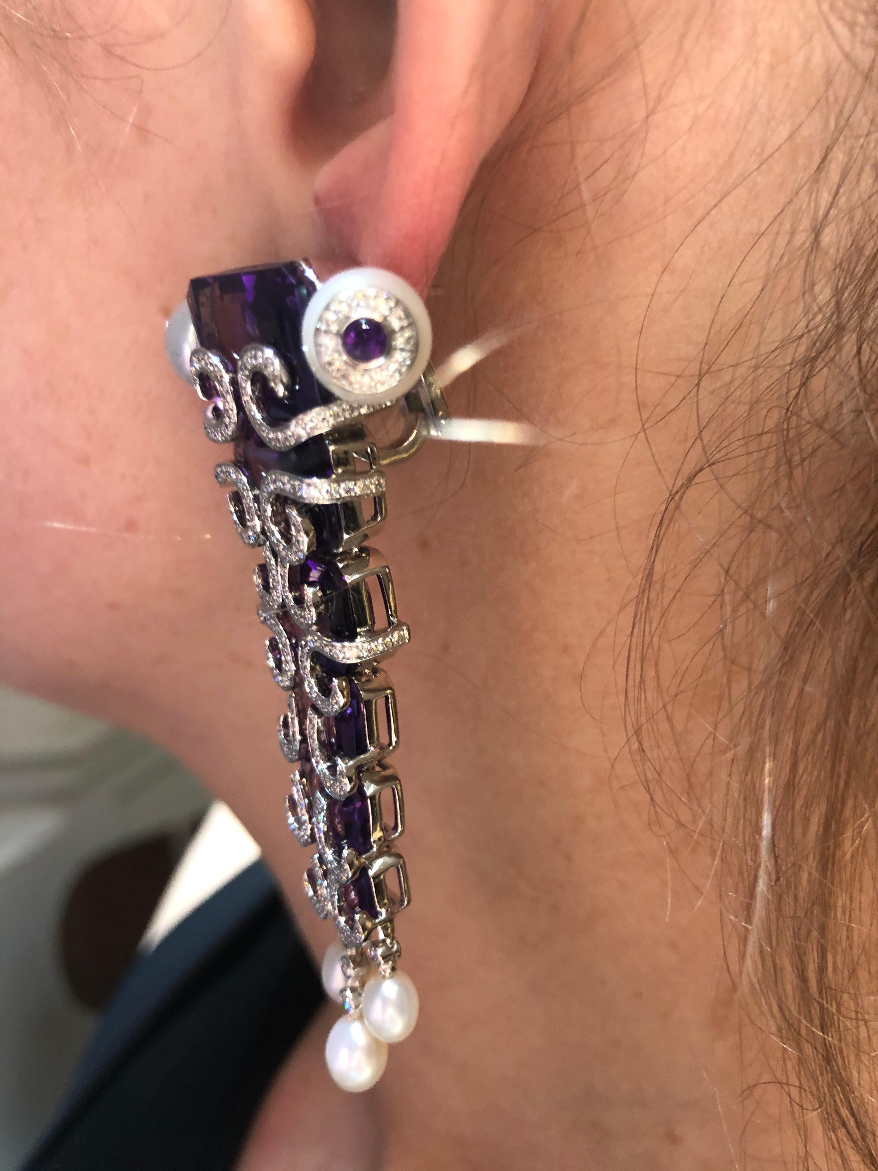 Modern Statement Pair of Amethyst and Pearl Drop Earrings in 18 Karat White Gold For Sale
