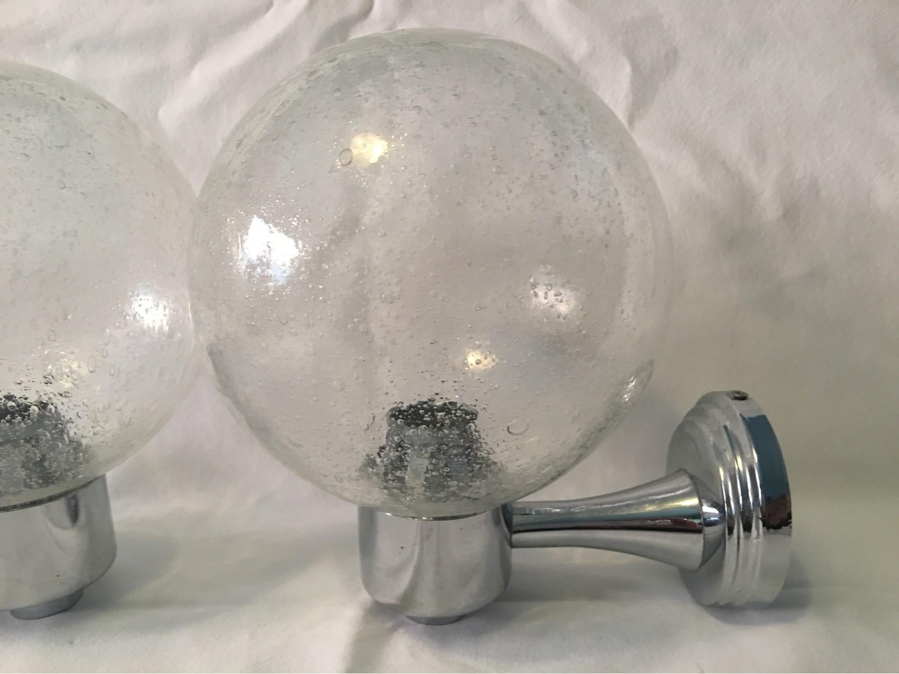 German One Pair of Chrome and Air Bubble Glass Ball Sconces For Sale