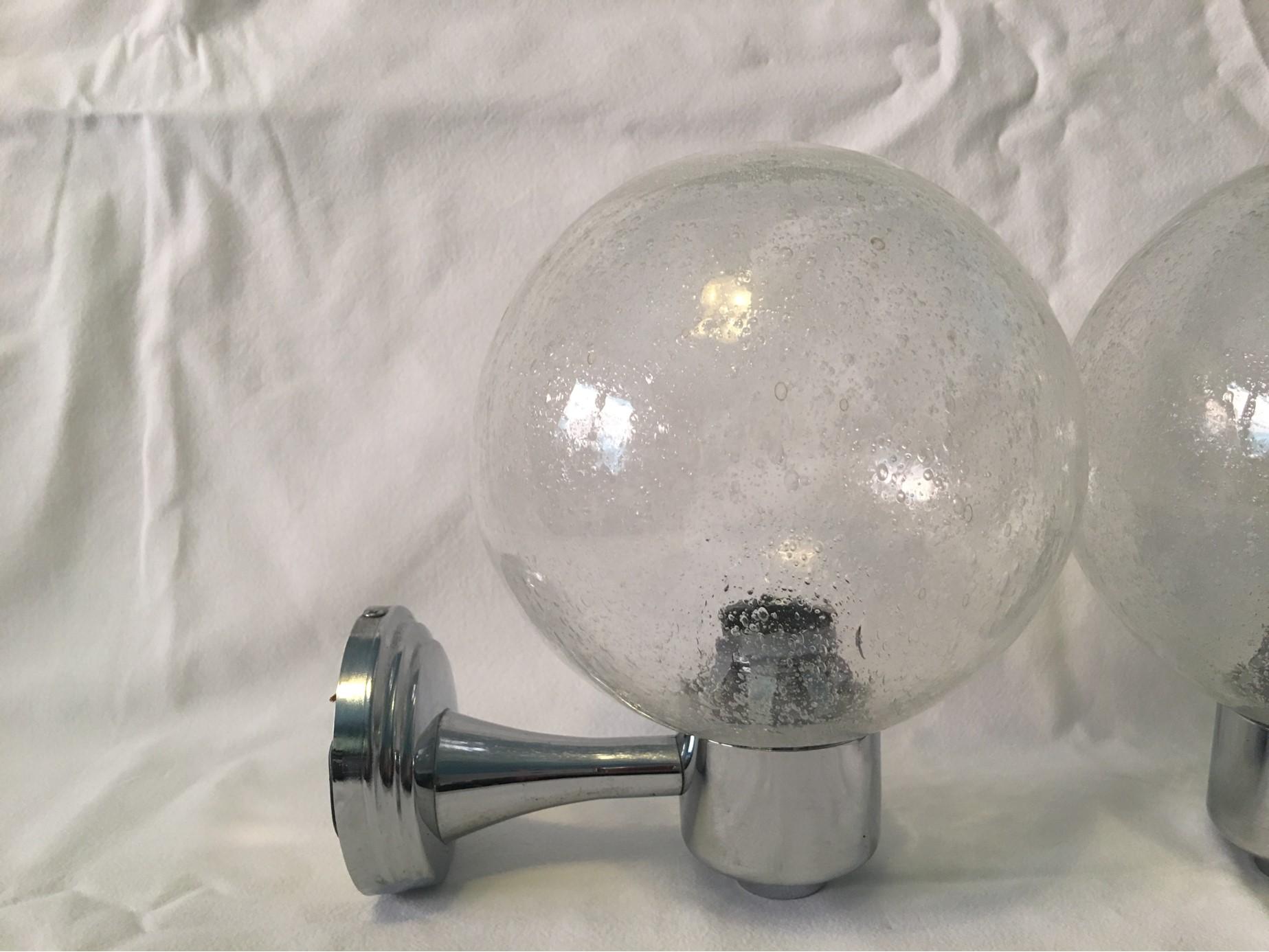 One Pair of Chrome and Air Bubble Glass Ball Sconces In Good Condition For Sale In Frisco, TX