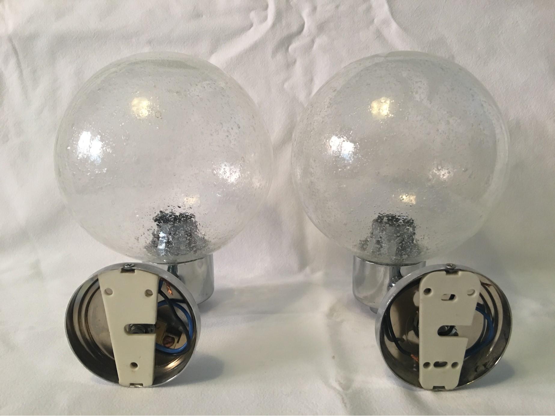 Late 20th Century One Pair of Chrome and Air Bubble Glass Ball Sconces For Sale