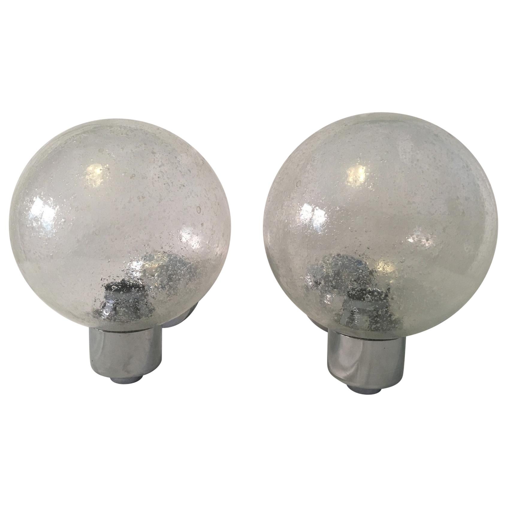 One Pair of Chrome and Air Bubble Glass Ball Sconces For Sale