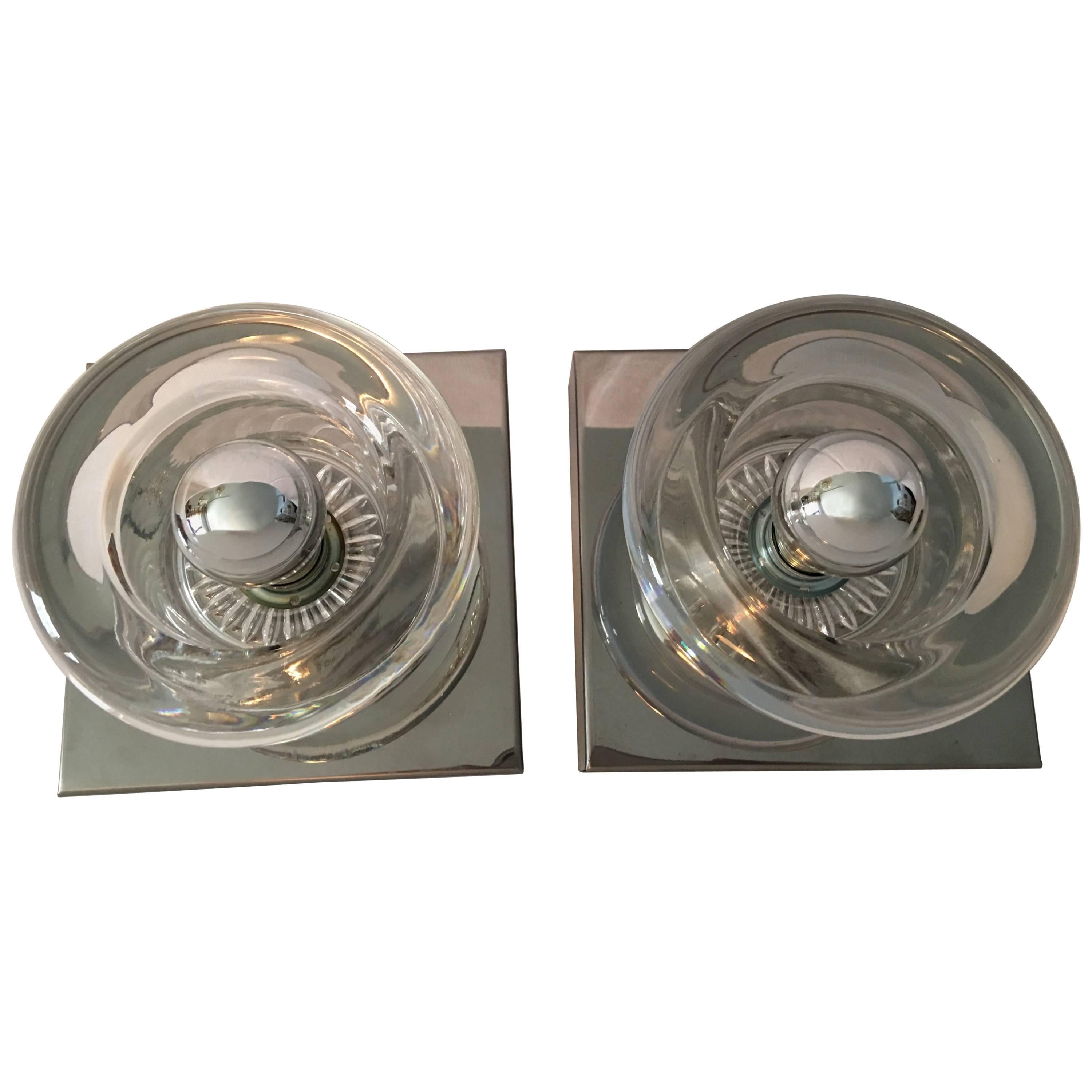 One Pair of Chrome Round Glass Sconces - COSACK  Manufactured For Sale