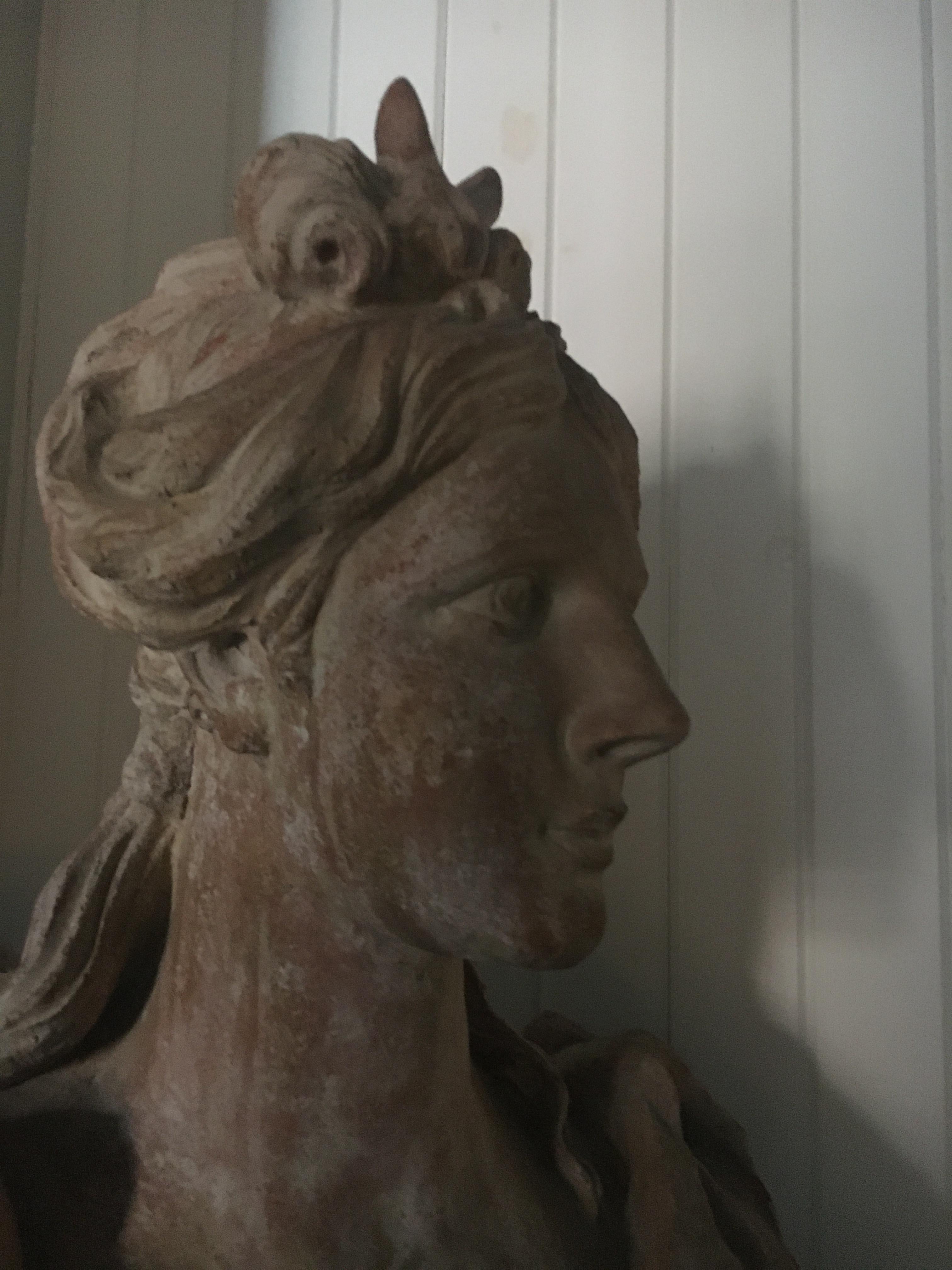 Stately Continental Terracotta Bust Depicting A Classical Female Bust.   For Sale 11