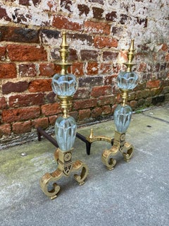 Pair of Elegant St. Clair glass and brass andirons