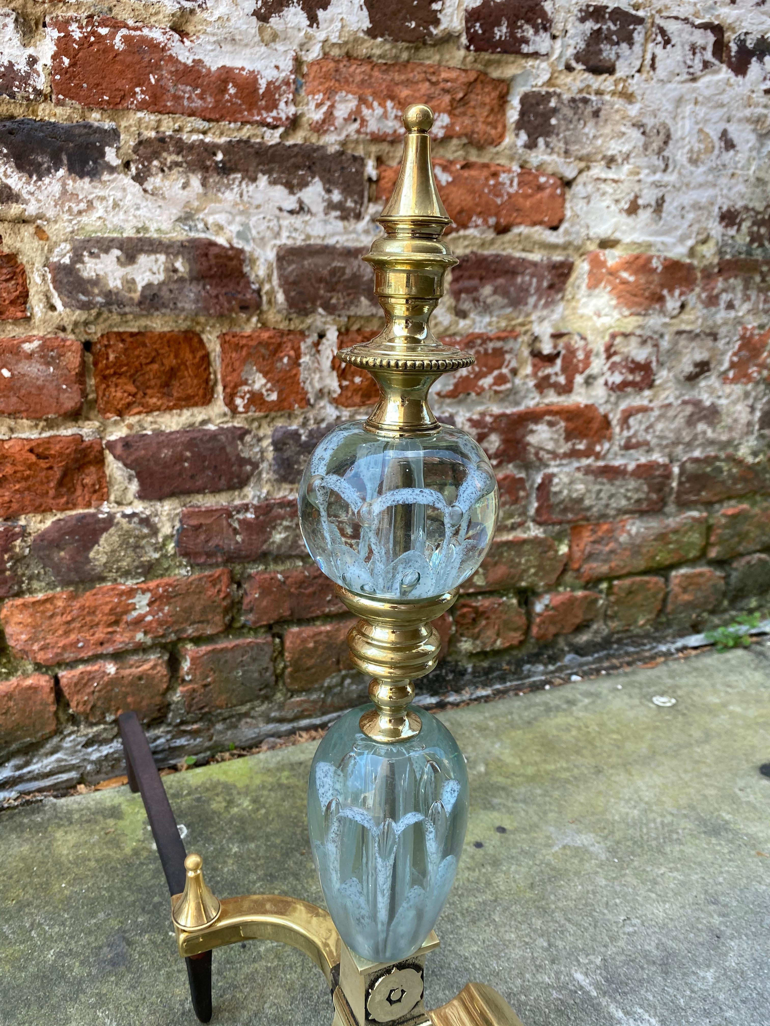 North American Pair of Elegant St. Clair glass and brass andirons