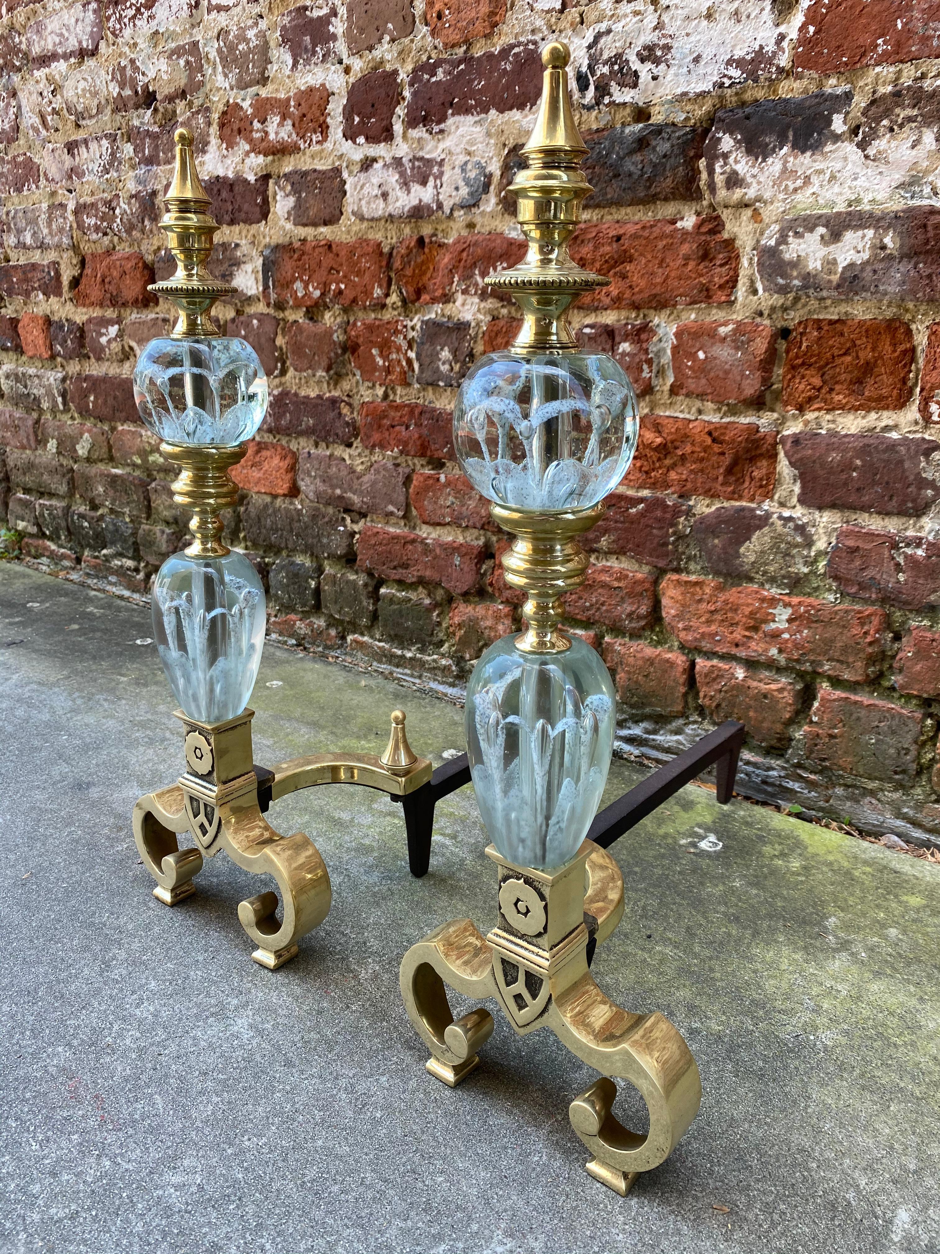 Pair of Elegant St. Clair glass and brass andirons In Excellent Condition In Charleston, SC