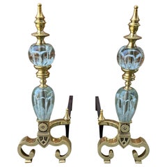 Pair of Elegant St. Clair glass and brass andirons