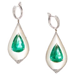 One Pair of Emerald and Mother of Pearl Drop Earrings in 18 Karat White Gold