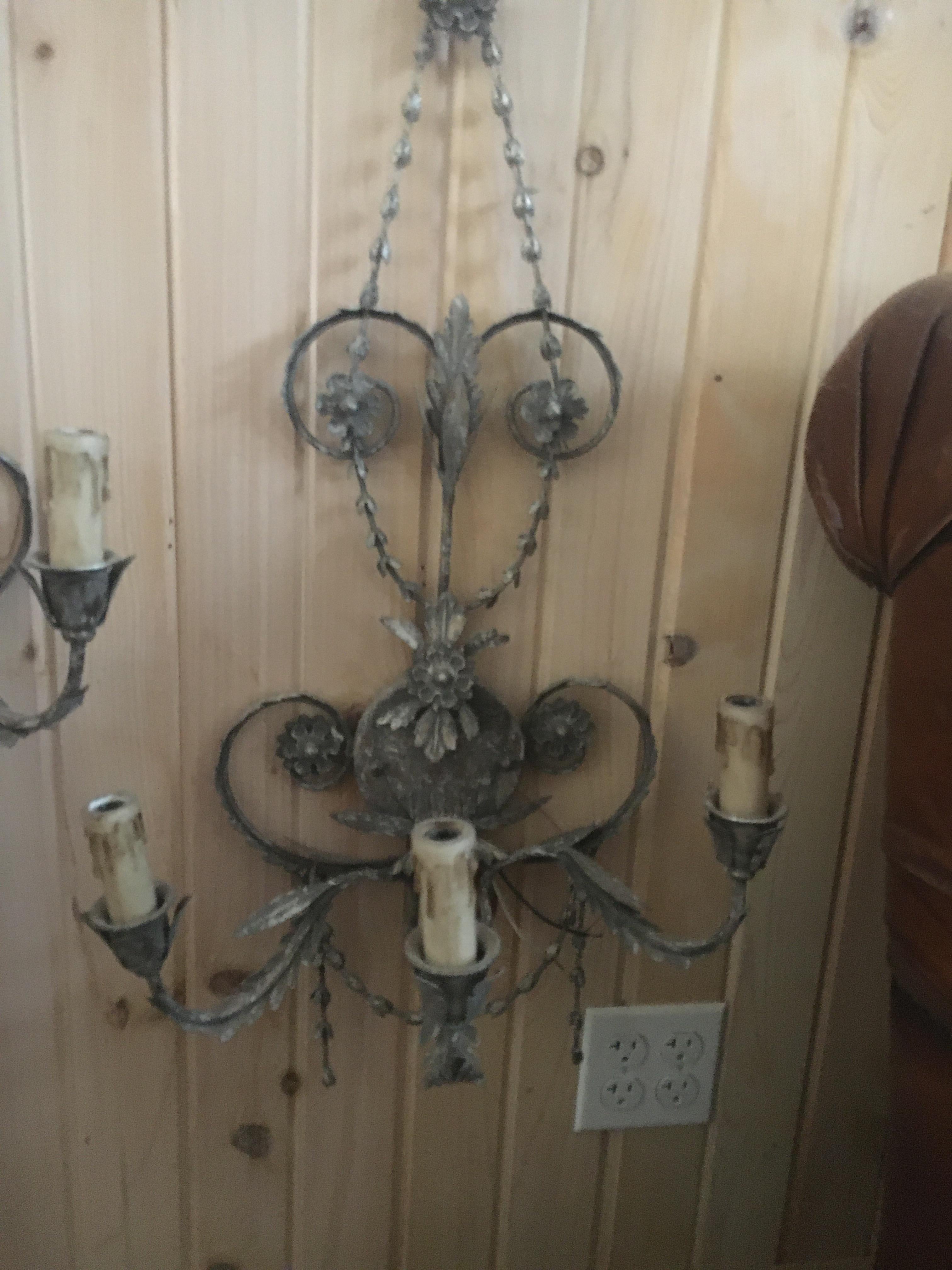 Unknown Ten French Tole Three-Light  Wall Sconces With Silver Leaf Finish, Newly Wired. For Sale