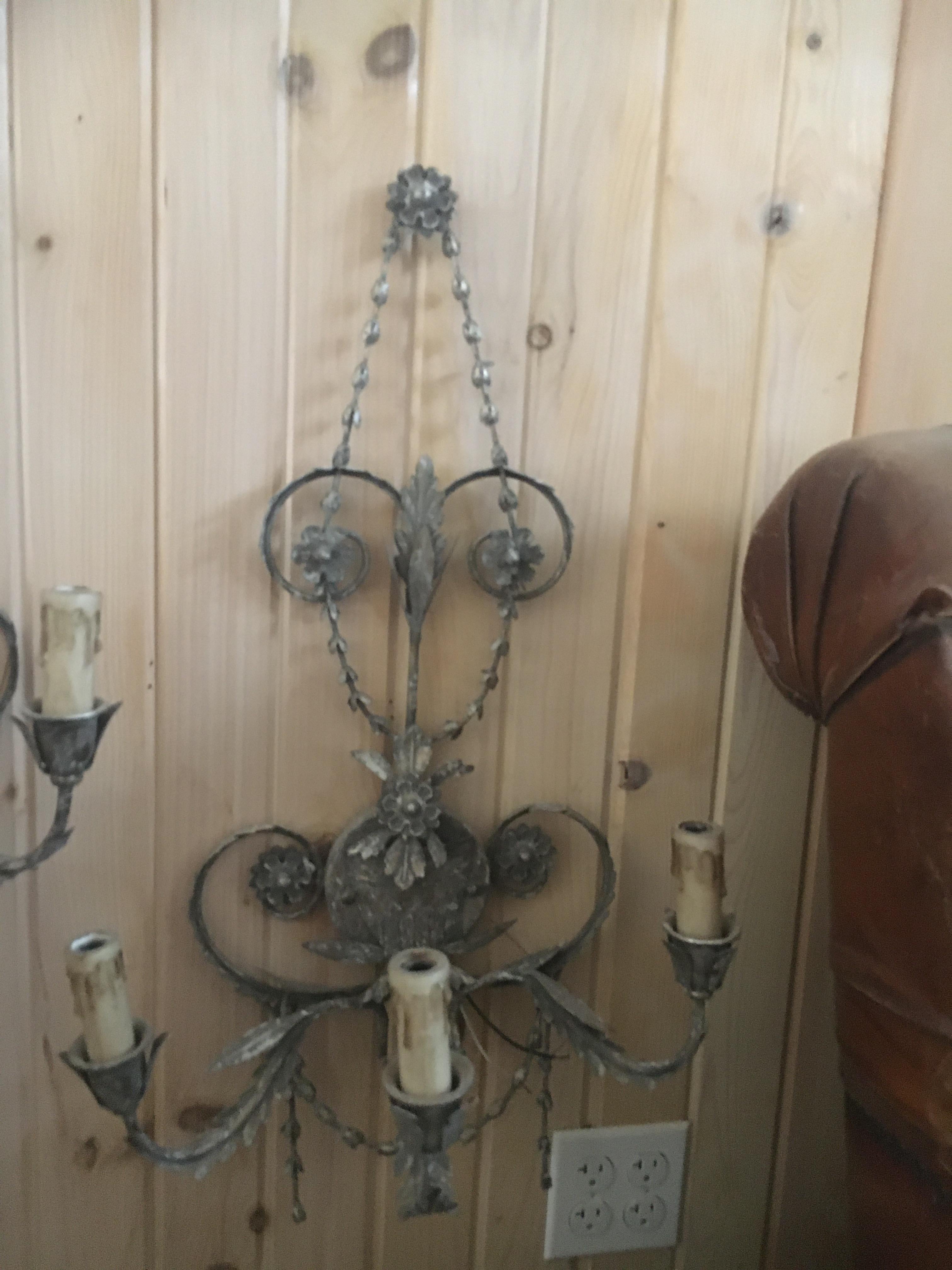 Ten French Tole Three-Light  Wall Sconces With Silver Leaf Finish, Newly Wired. In Excellent Condition For Sale In Buchanan, MI