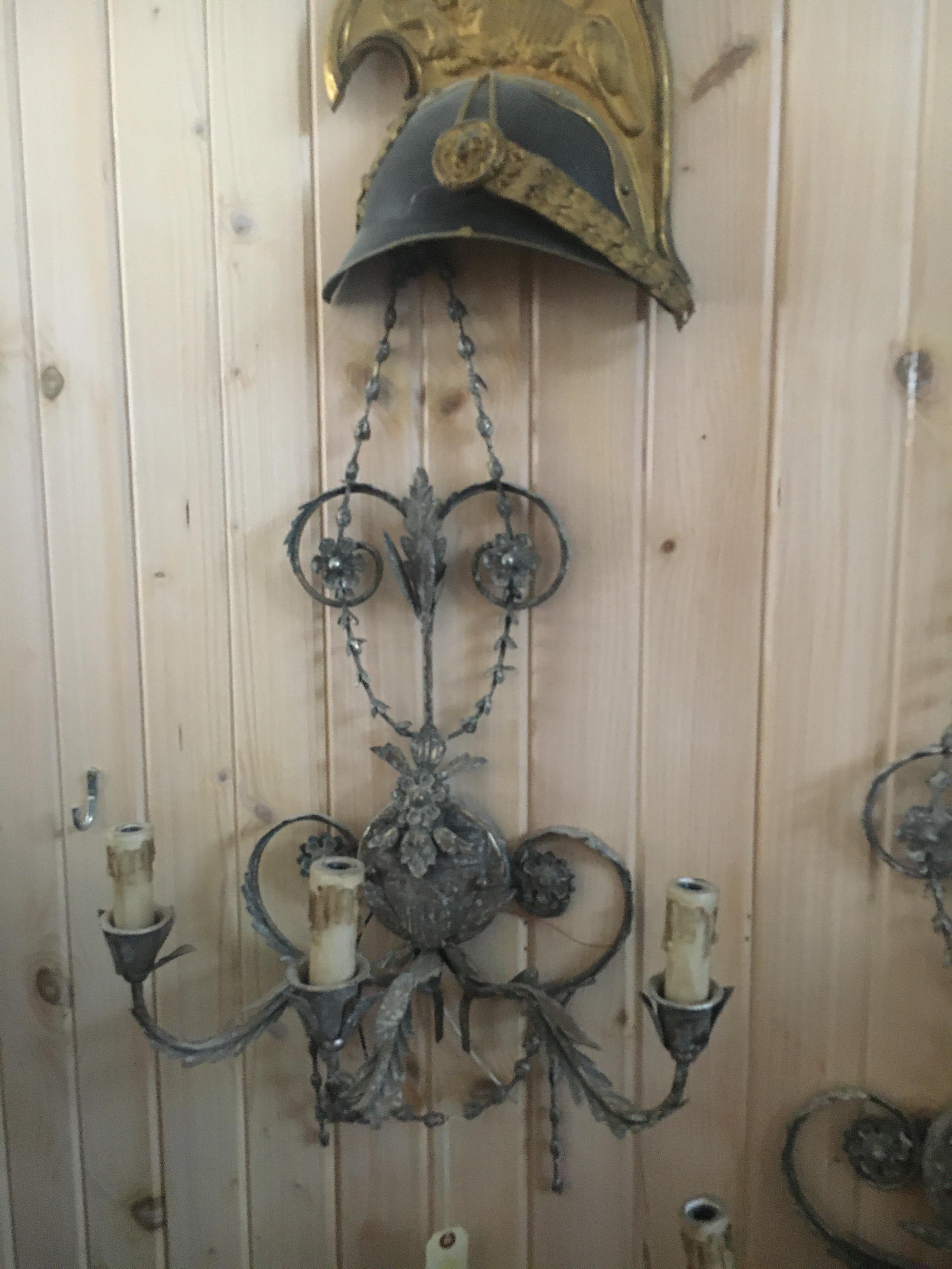 Metal Ten French Tole Three-Light  Wall Sconces With Silver Leaf Finish, Newly Wired. For Sale