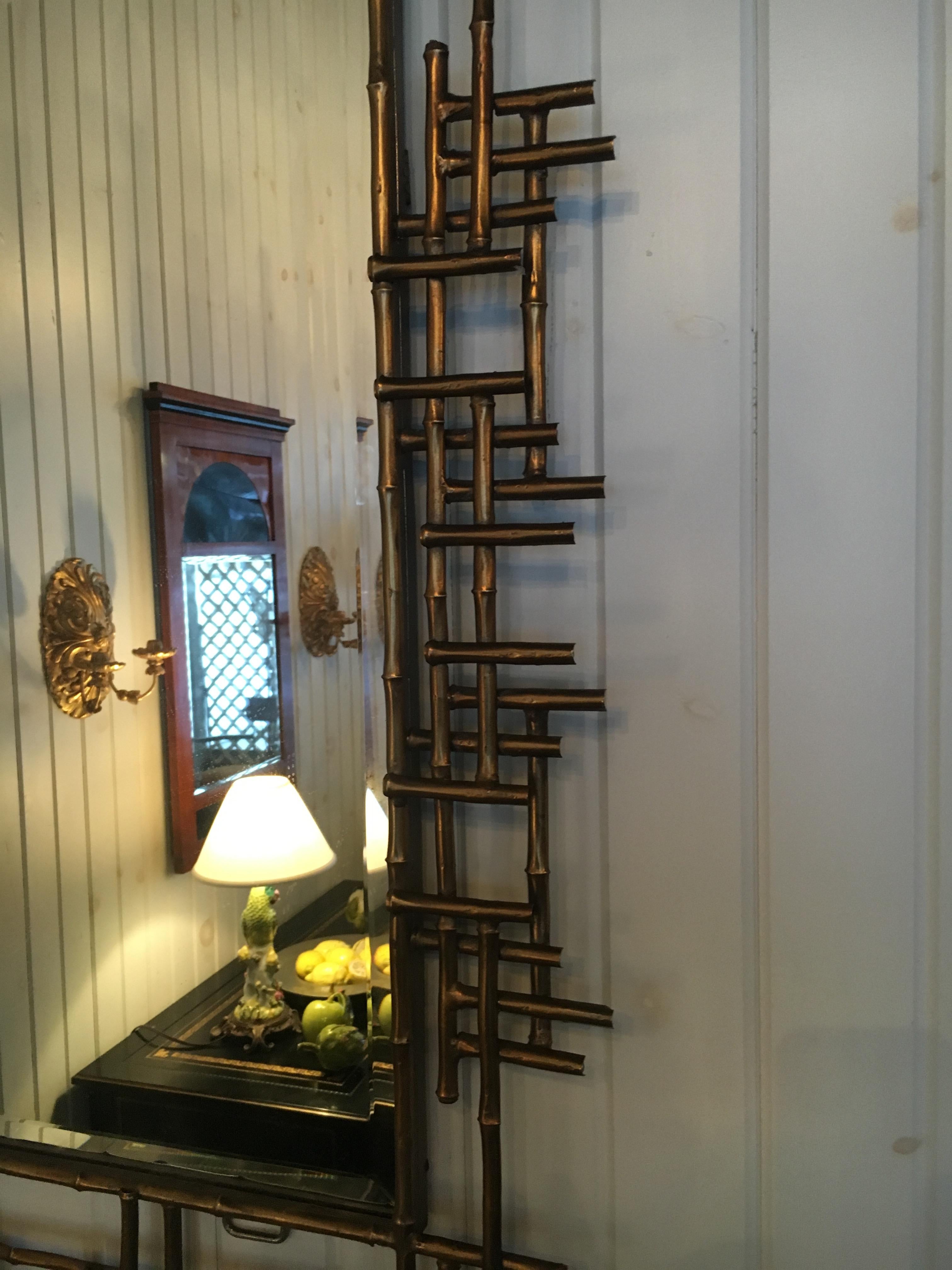 One pair of gilt metal Brutalist mirrors. Great usable scale. Priced per mirror. Great condition.