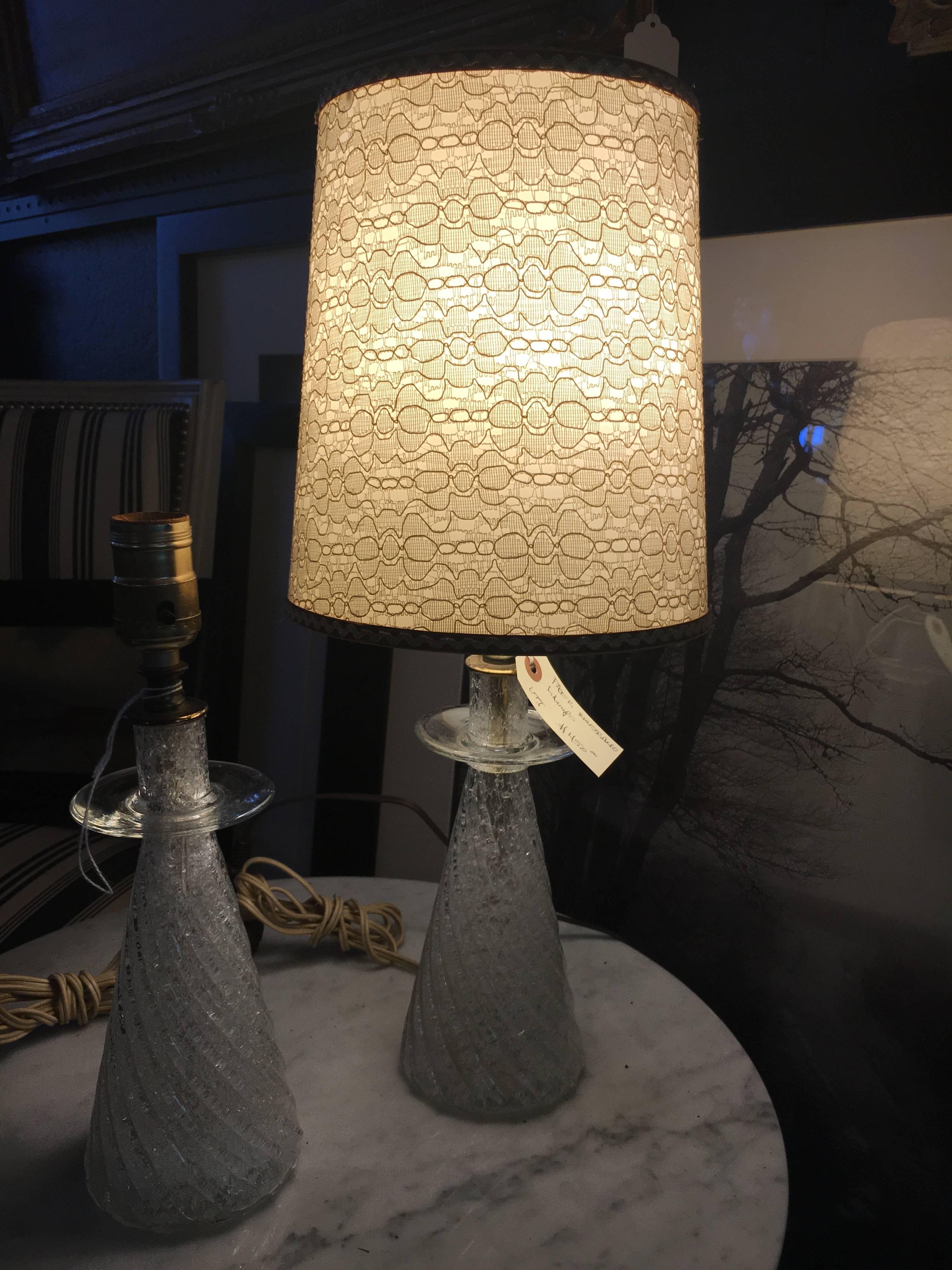 One Pair Of Italian Mid Century Glass Table Lamps Nice Scale.
Twisted tapering glass bases with a roundel at the top
Glass height: 9