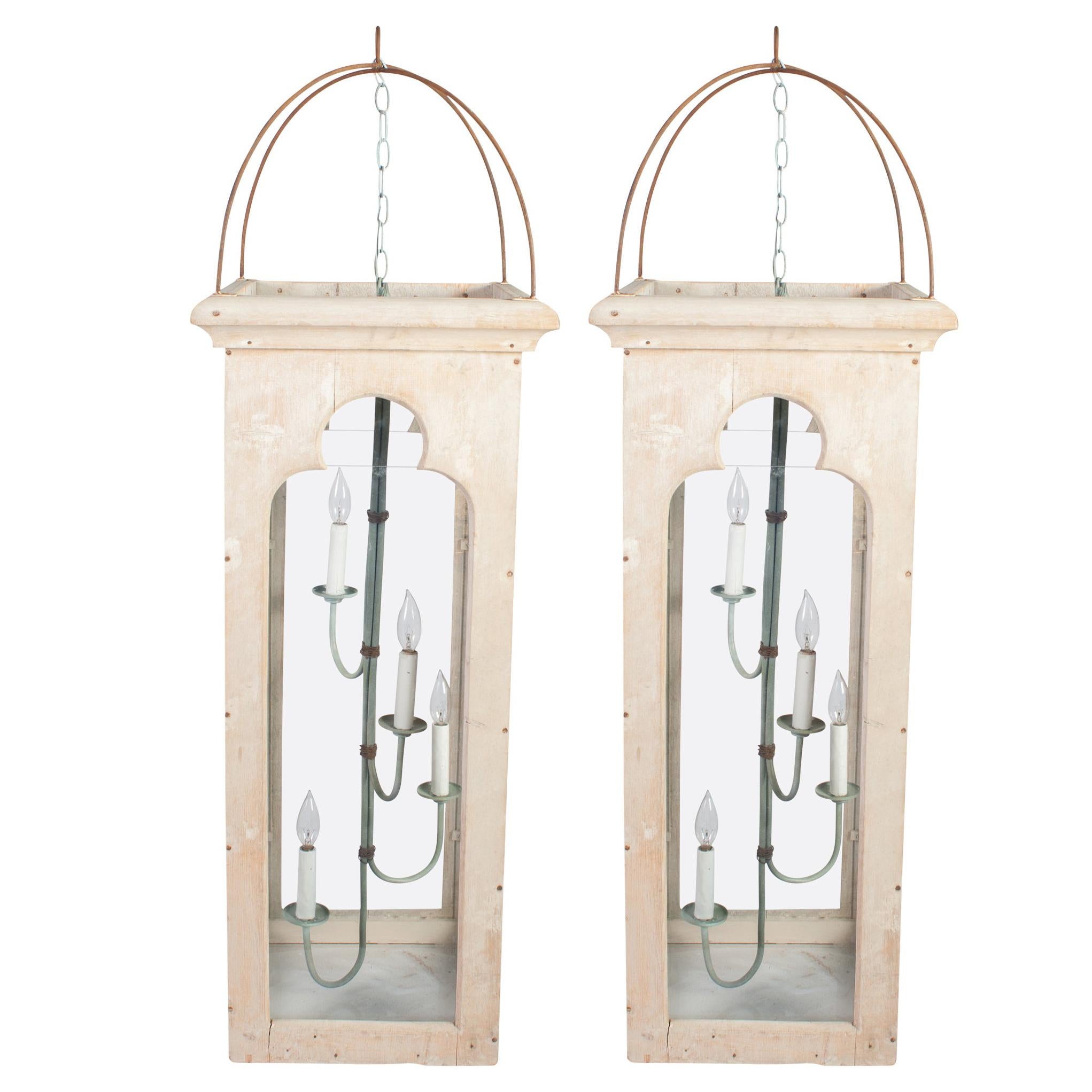 One Pair of Lime Painted Gothic Lanterns