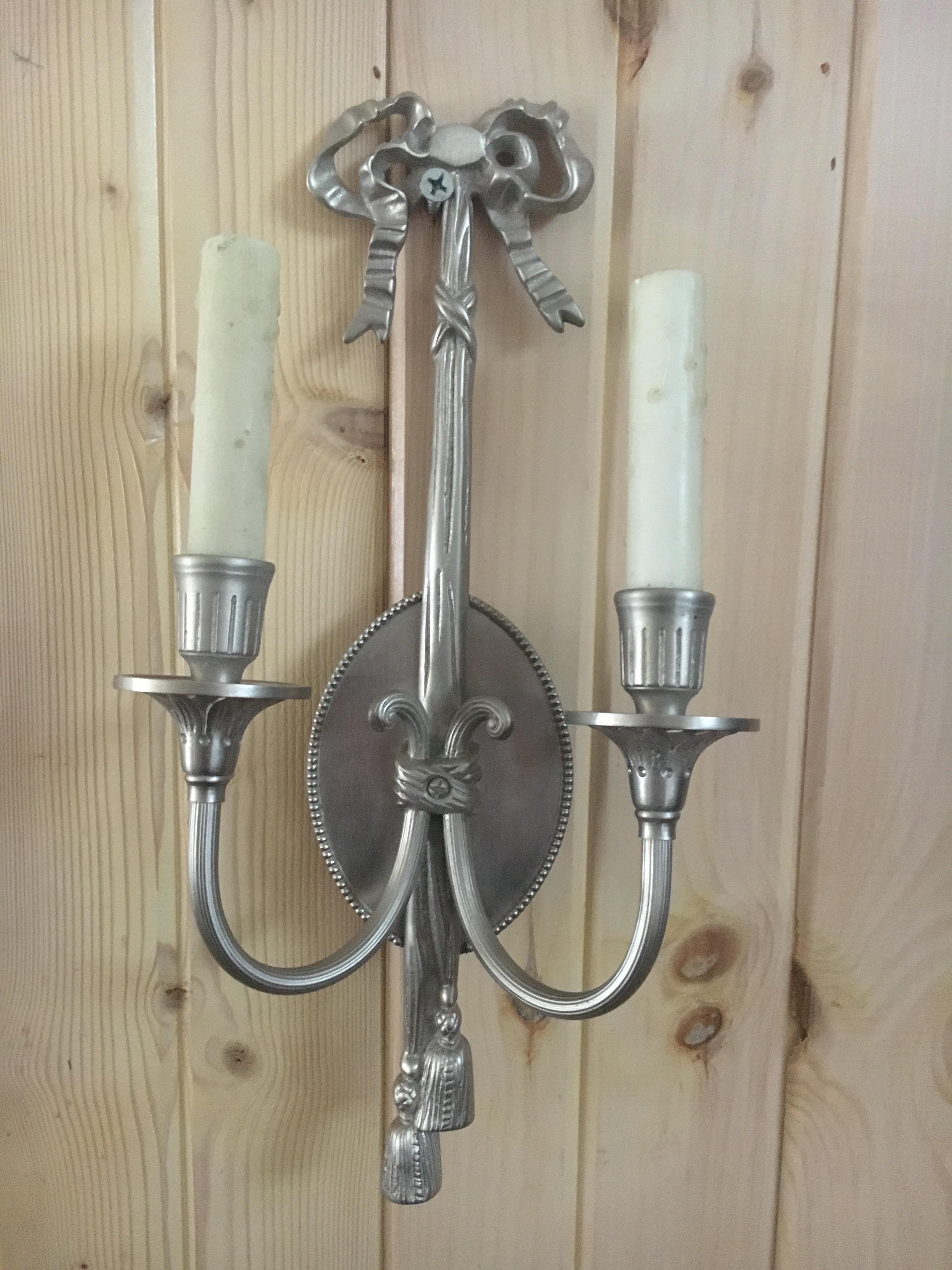 Hollywood Regency One Pair of Louis XV Style Two-Arm Wall Sconces with Silver Finish, Very Elagant For Sale