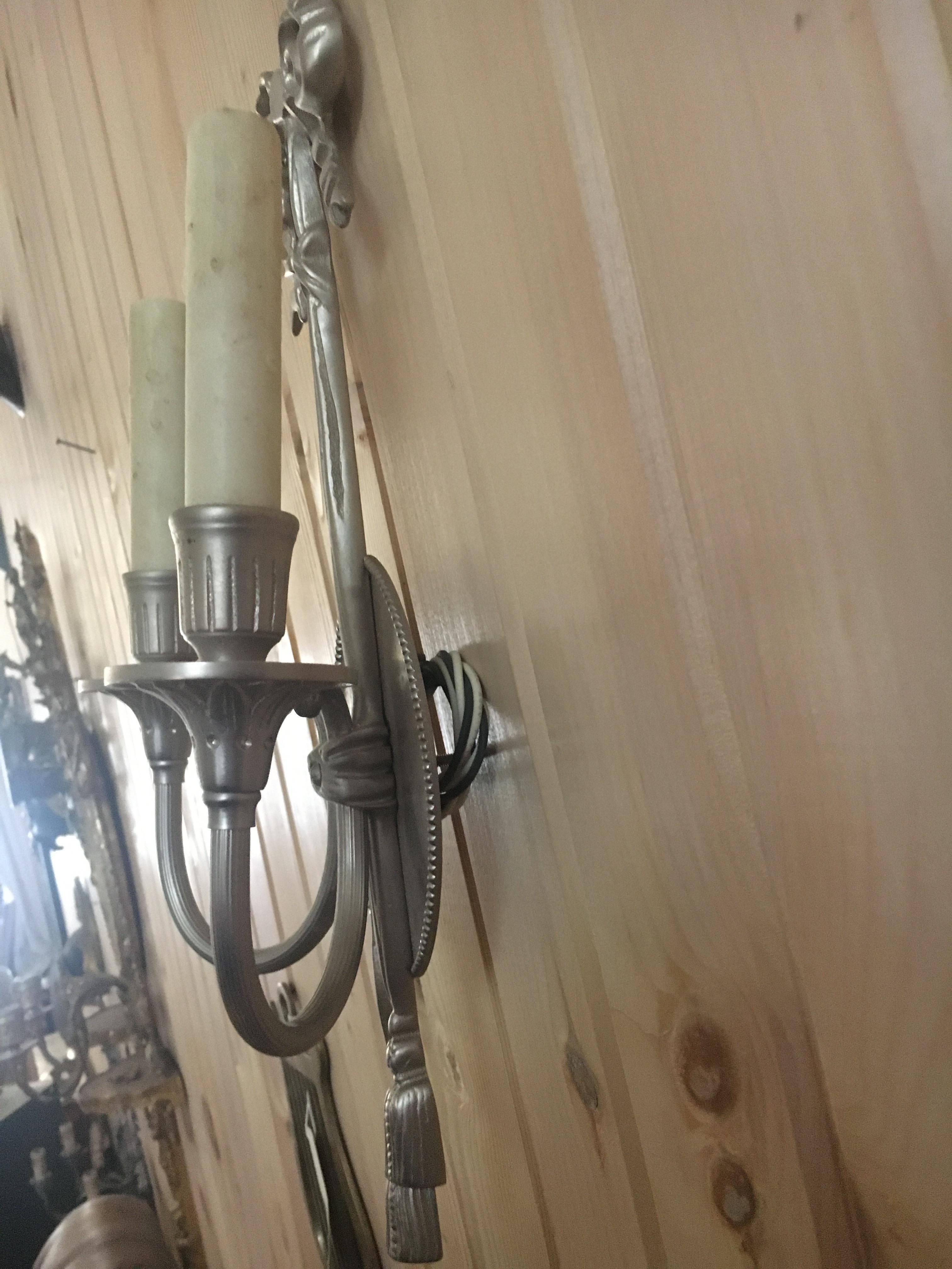 One Pair of Louis XV Style Two-Arm Wall Sconces with Silver Finish, Very Elagant In Excellent Condition For Sale In Buchanan, MI