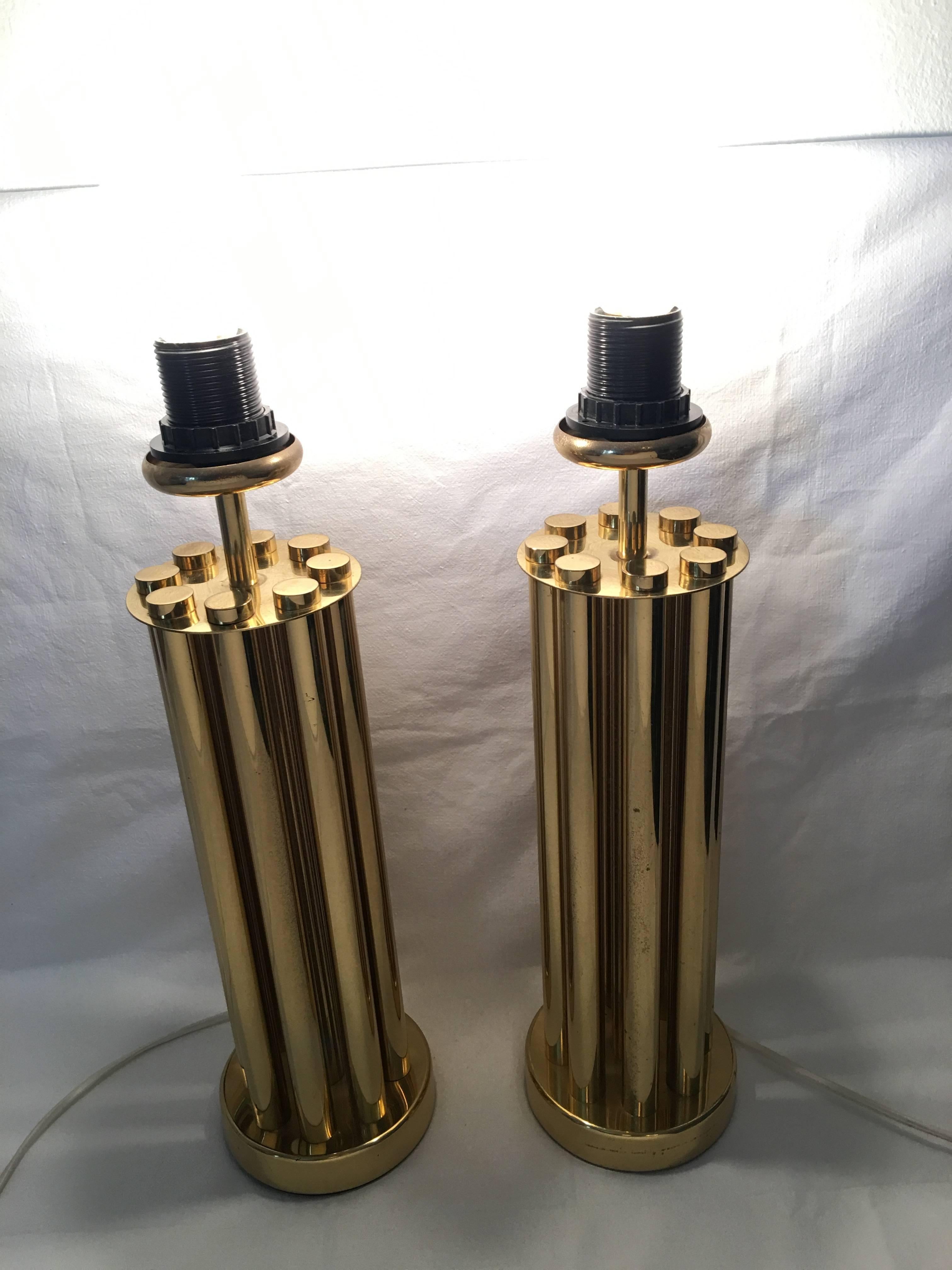 One Pair of Midcentury Brass French Tube Table Lamps For Sale 4