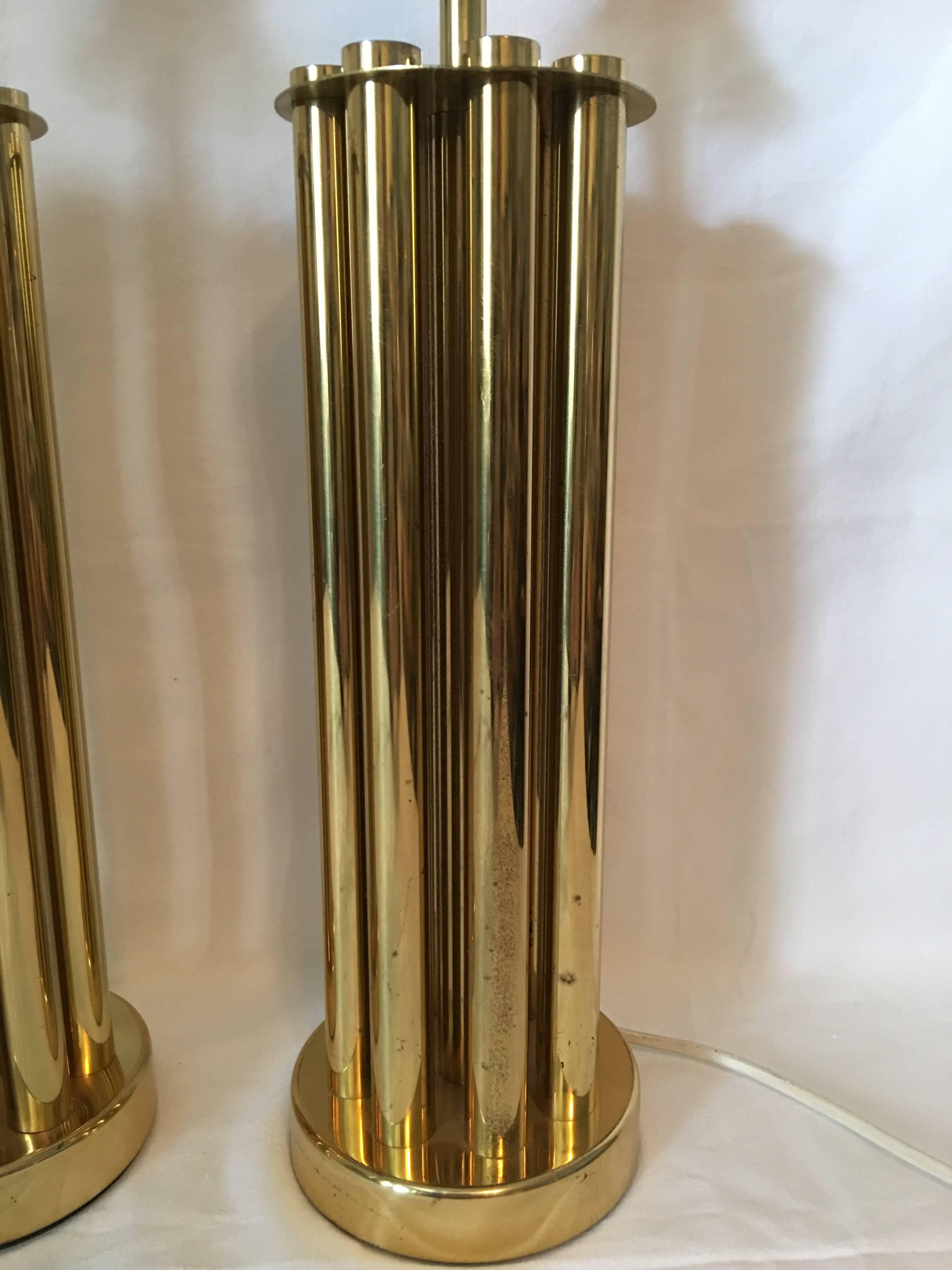 Mid-Century Modern One Pair of Midcentury Brass French Tube Table Lamps For Sale