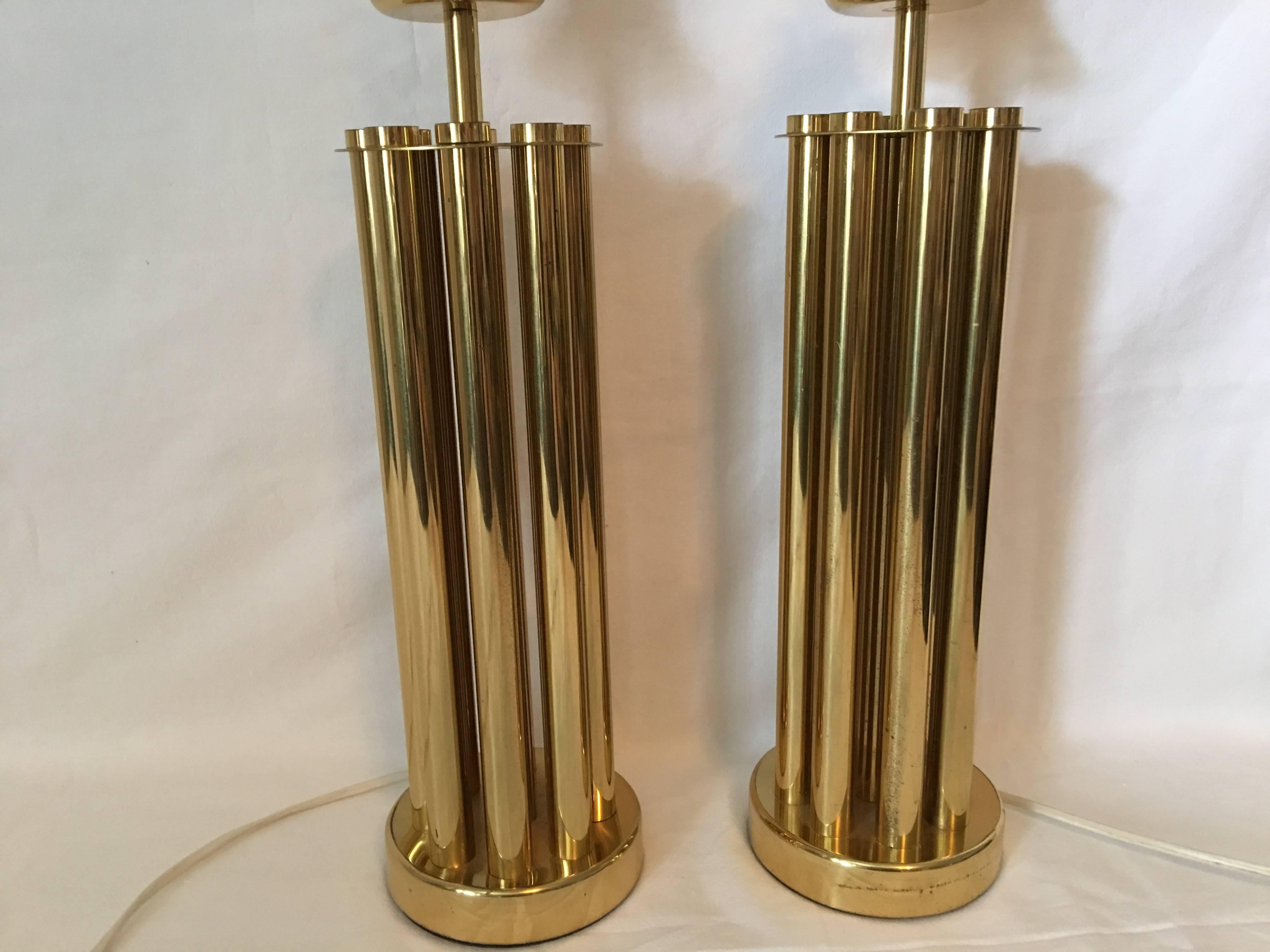 One Pair of Midcentury Brass French Tube Table Lamps In Fair Condition For Sale In Frisco, TX