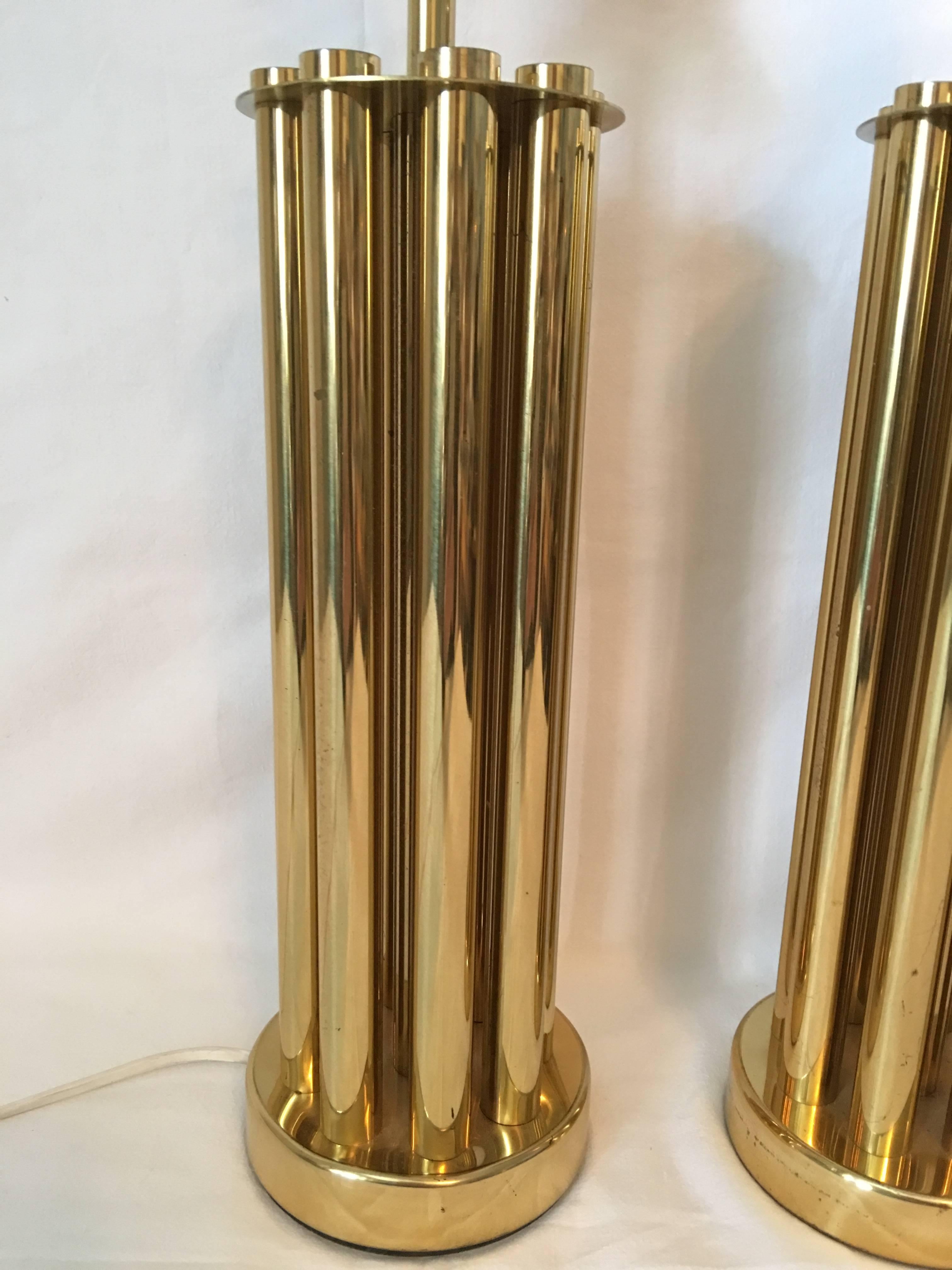 Mid-20th Century One Pair of Midcentury Brass French Tube Table Lamps For Sale