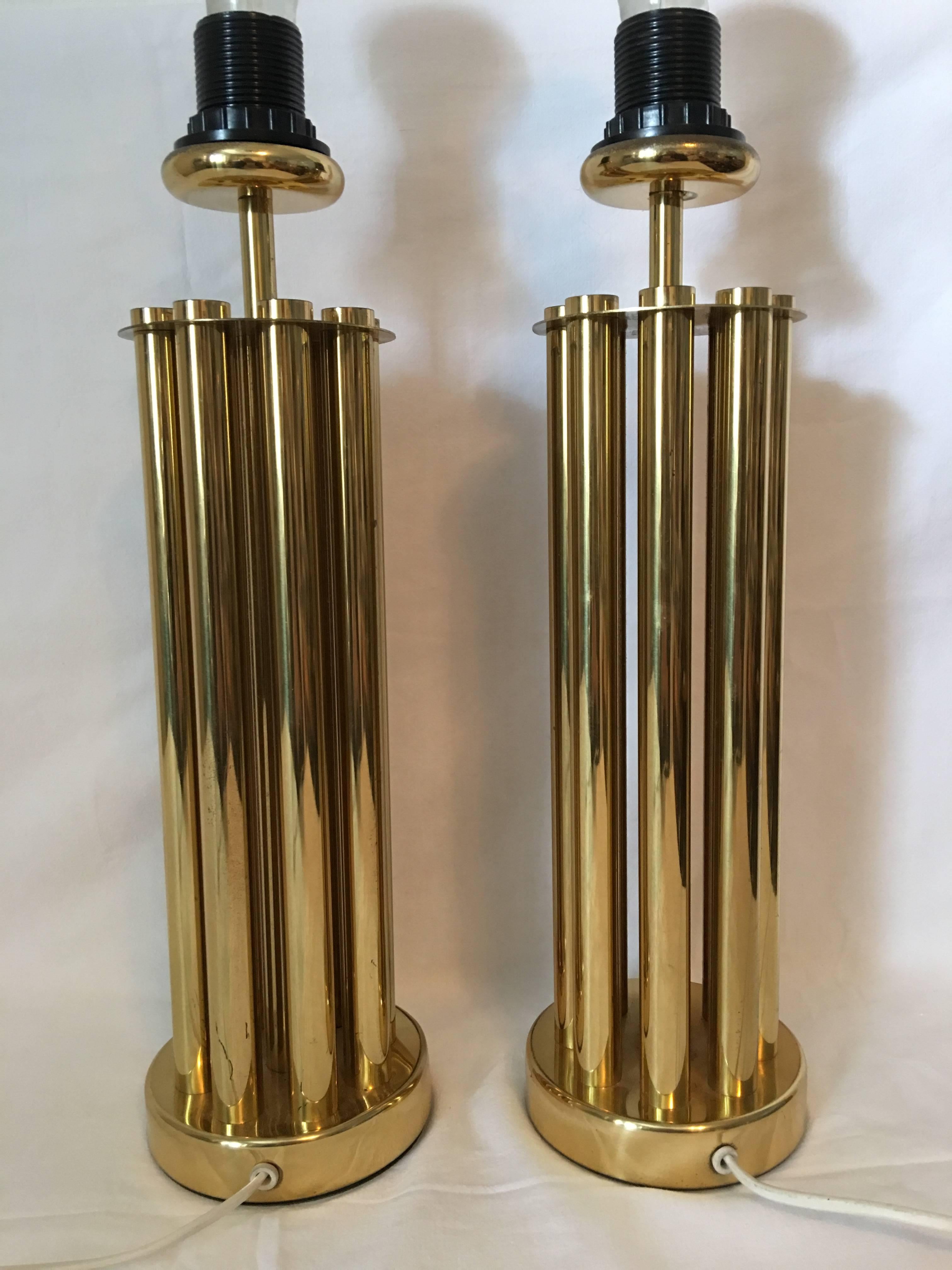 One Pair of Midcentury Brass French Tube Table Lamps For Sale 1