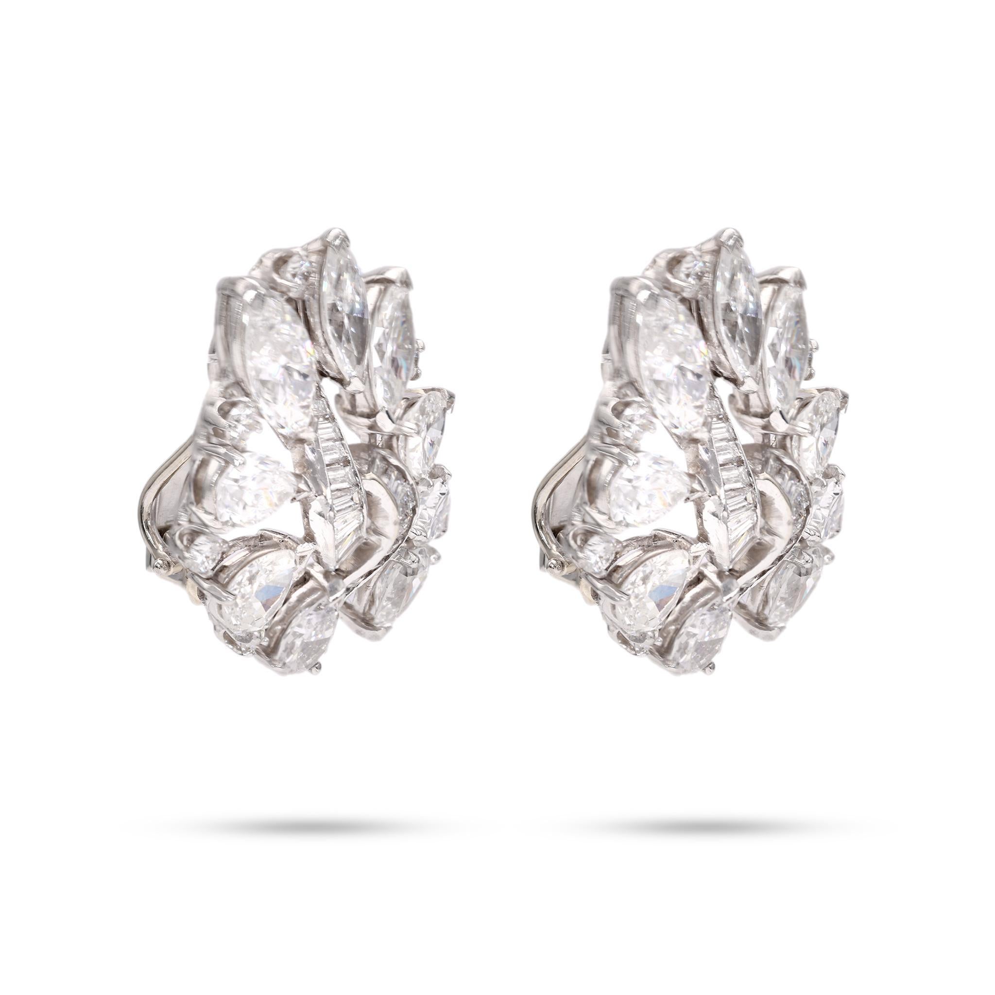 Baguette Cut One Pair of Mid-Century Diamond White Gold Clip On Earrings For Sale