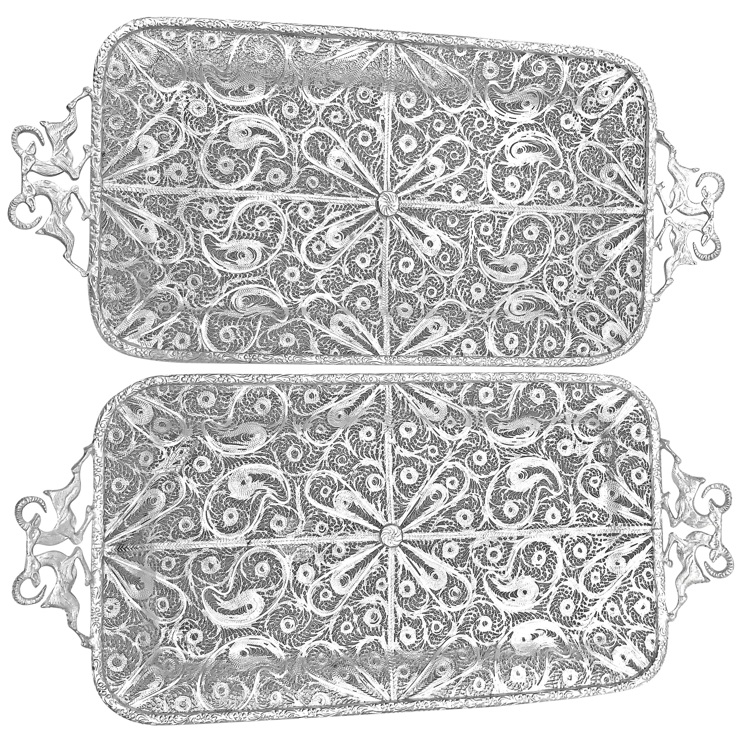 One Pair of Pure Filigree Silver Tray with Goat Handles For Sale