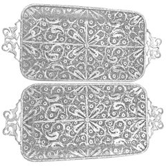 Vintage One Pair of Pure Filigree Silver Tray with Goat Handles