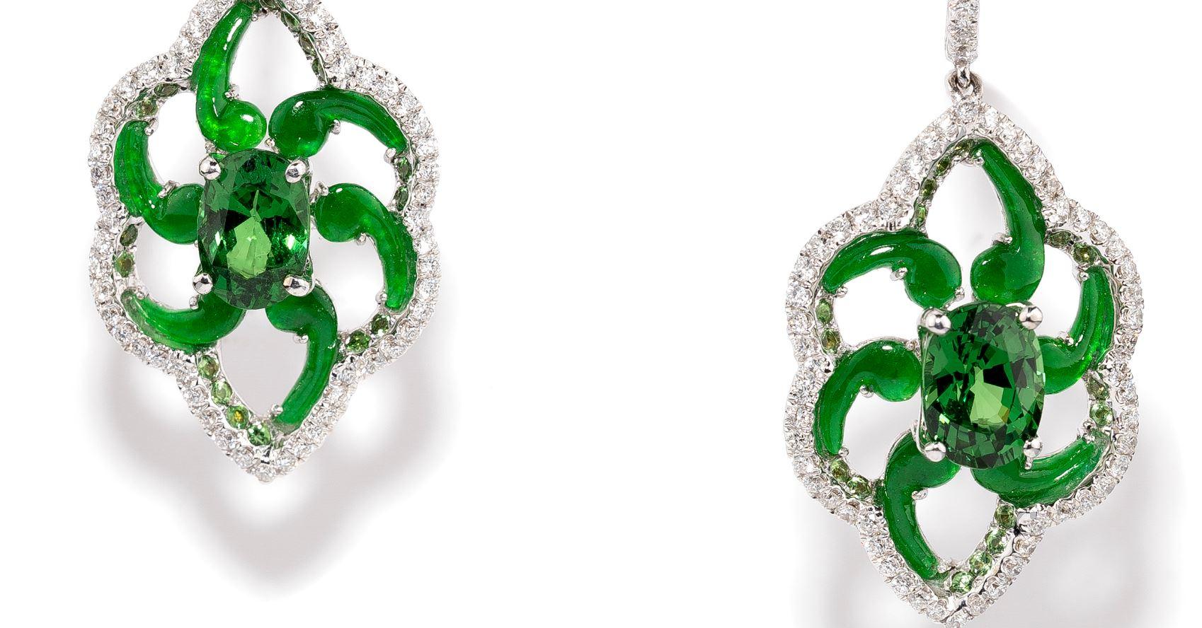 Women's One Pair of Tsavorite, Jade and Diamond Earrings For Sale