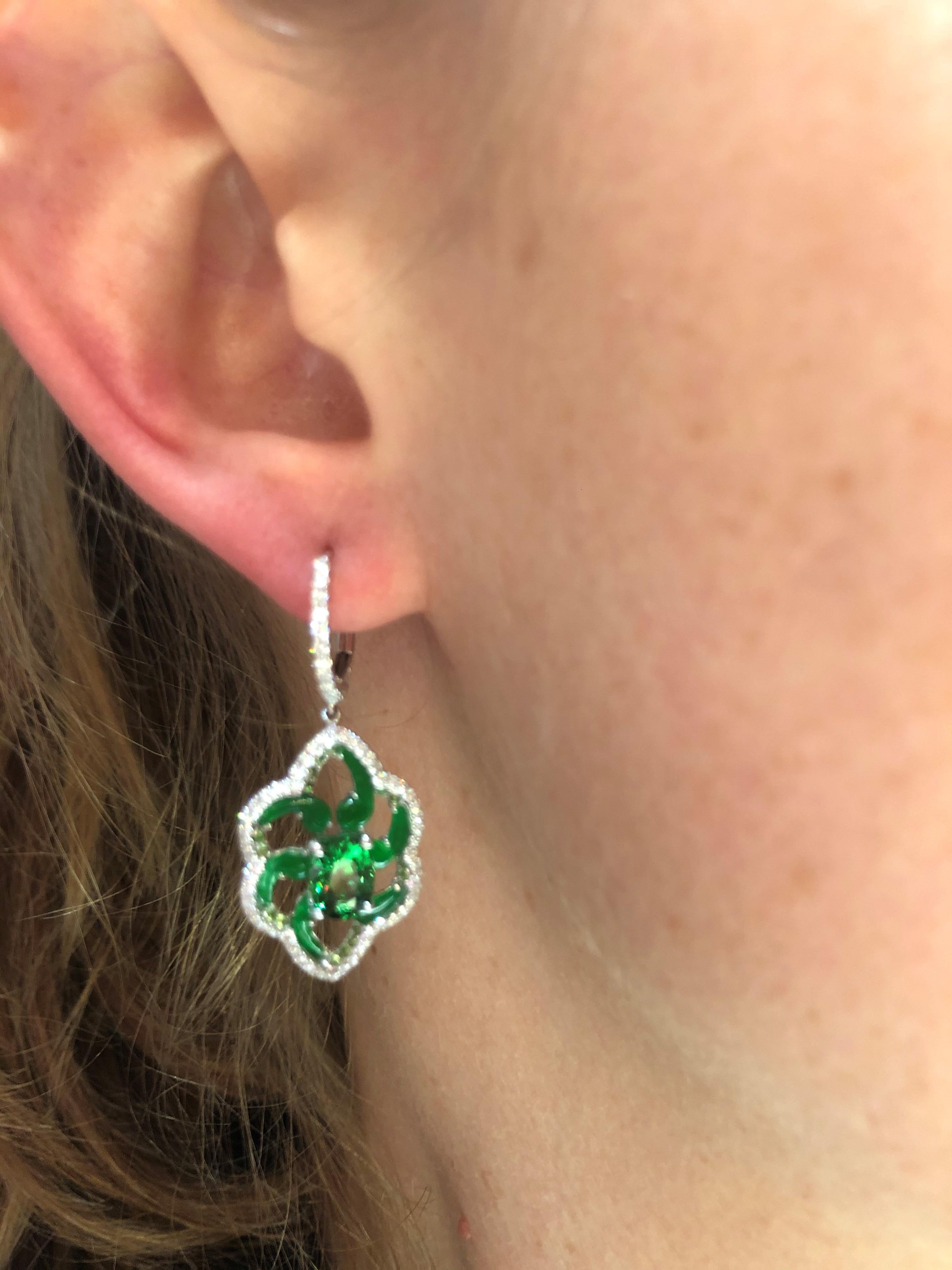 One Pair of Tsavorite, Jade and Diamond Earrings For Sale 1