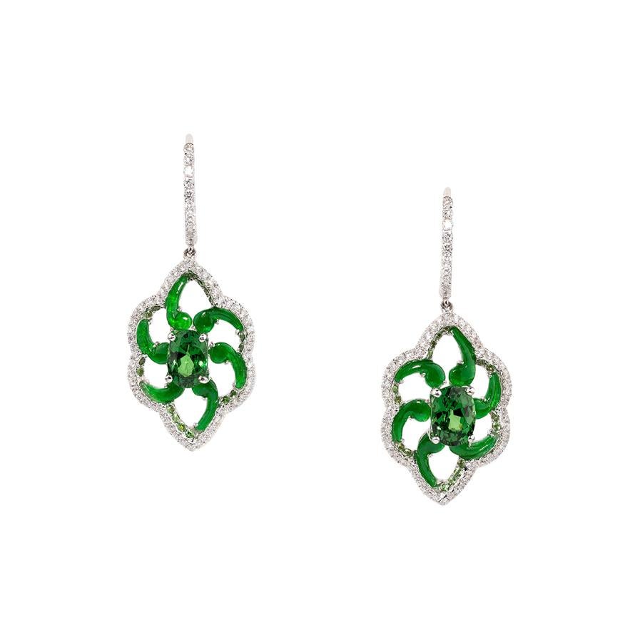 One Pair of Tsavorite, Jade and Diamond Earrings For Sale