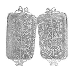 One Pair of Pure Filigree Silver Tray with Goat Handles