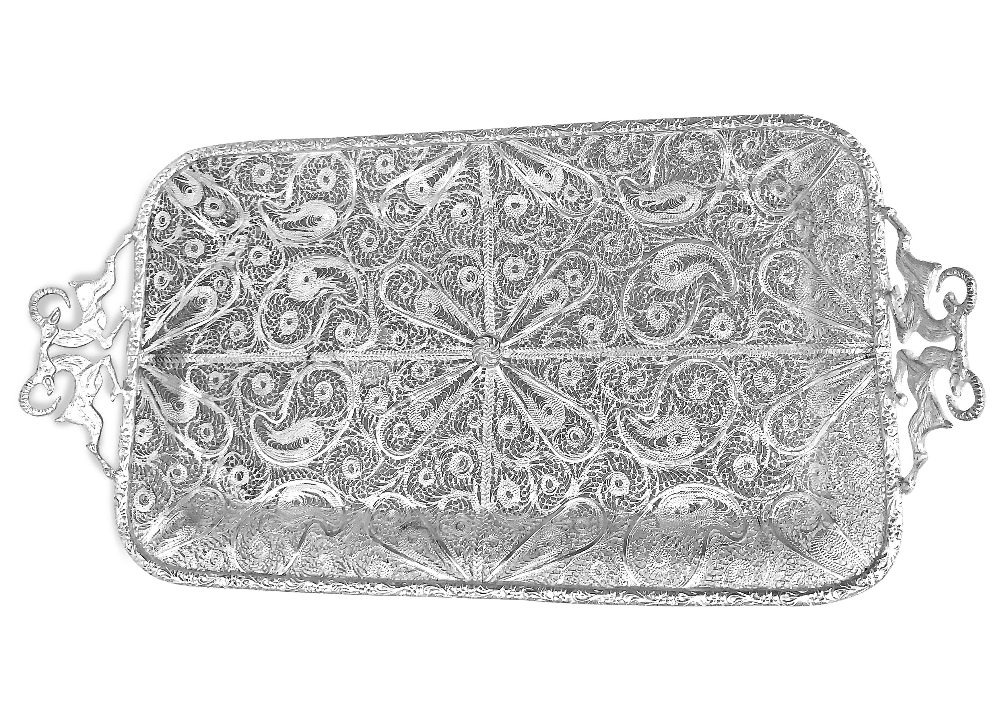 Women's or Men's One Pair of Pure Filigree Silver Tray with Goat Handles For Sale