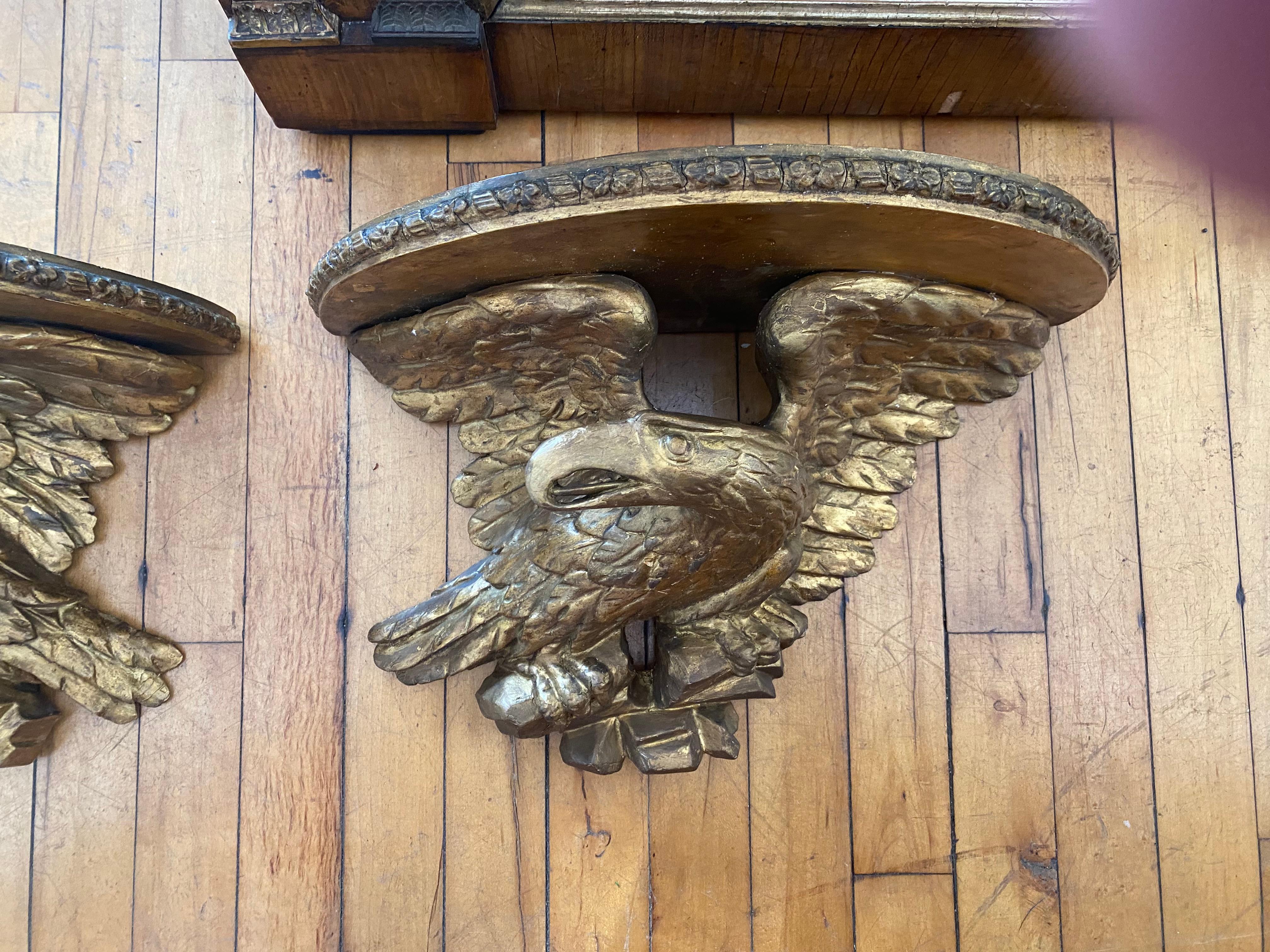One Pair Regency Carved Wood Wall Brackets In The Form Of Eagles.  Great Scale. In Good Condition For Sale In Buchanan, MI
