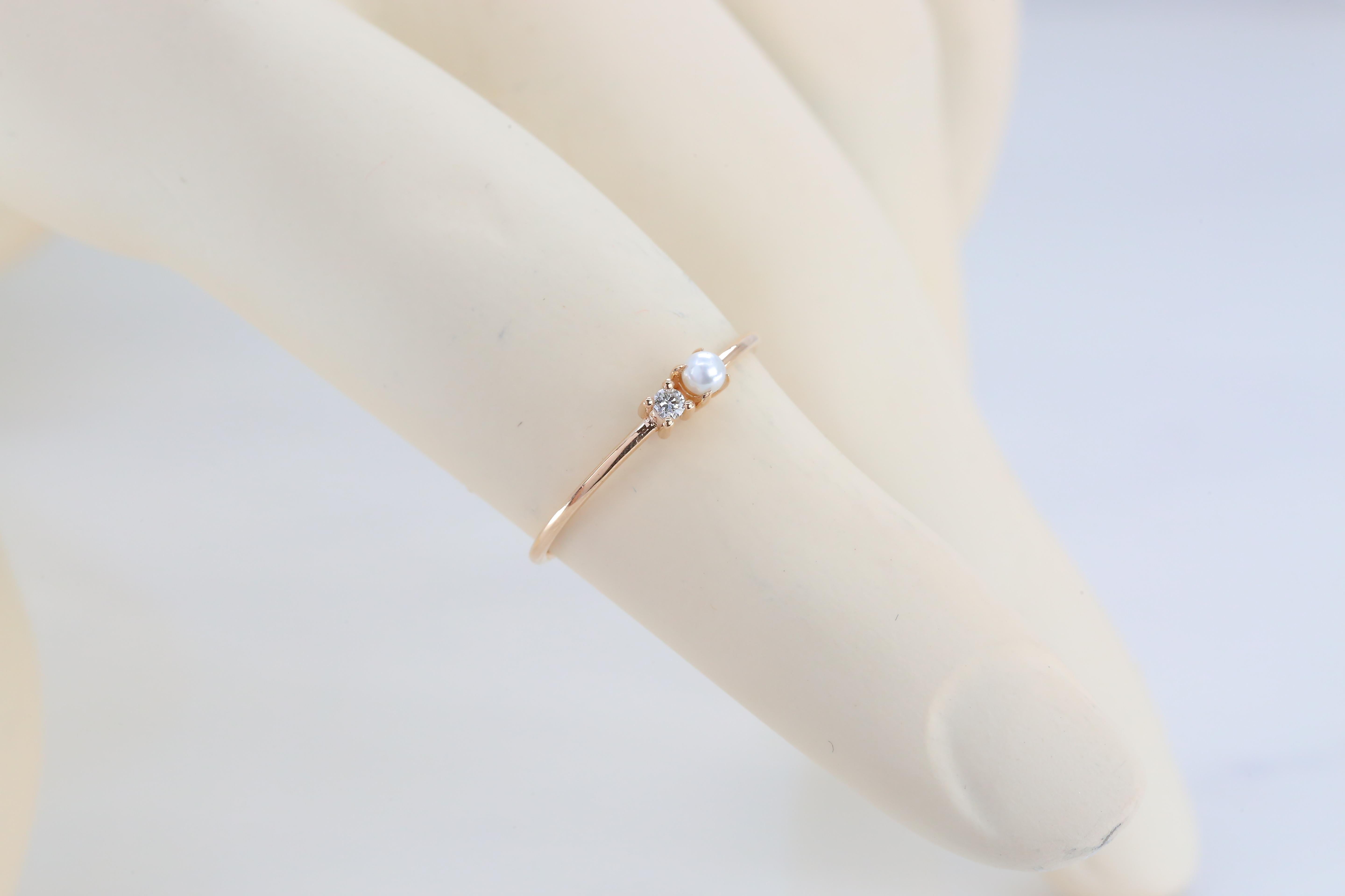 For Sale:  One Pearl and Diamond Ring, 14k Gold Pearl Ring, Minimalist Style Ring 2