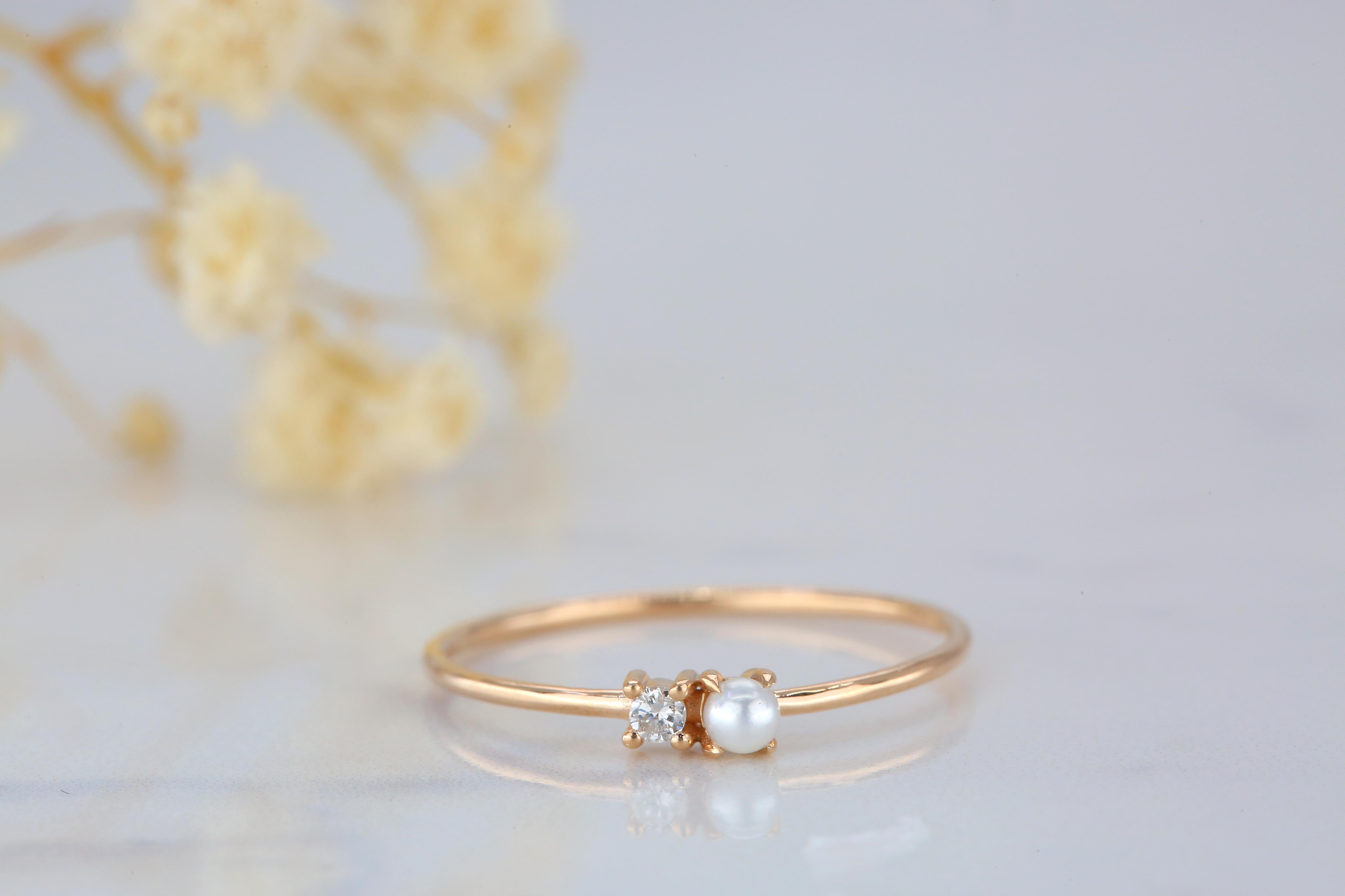 For Sale:  One Pearl and Diamond Ring, 14k Gold Pearl Ring, Minimalist Style Ring 3