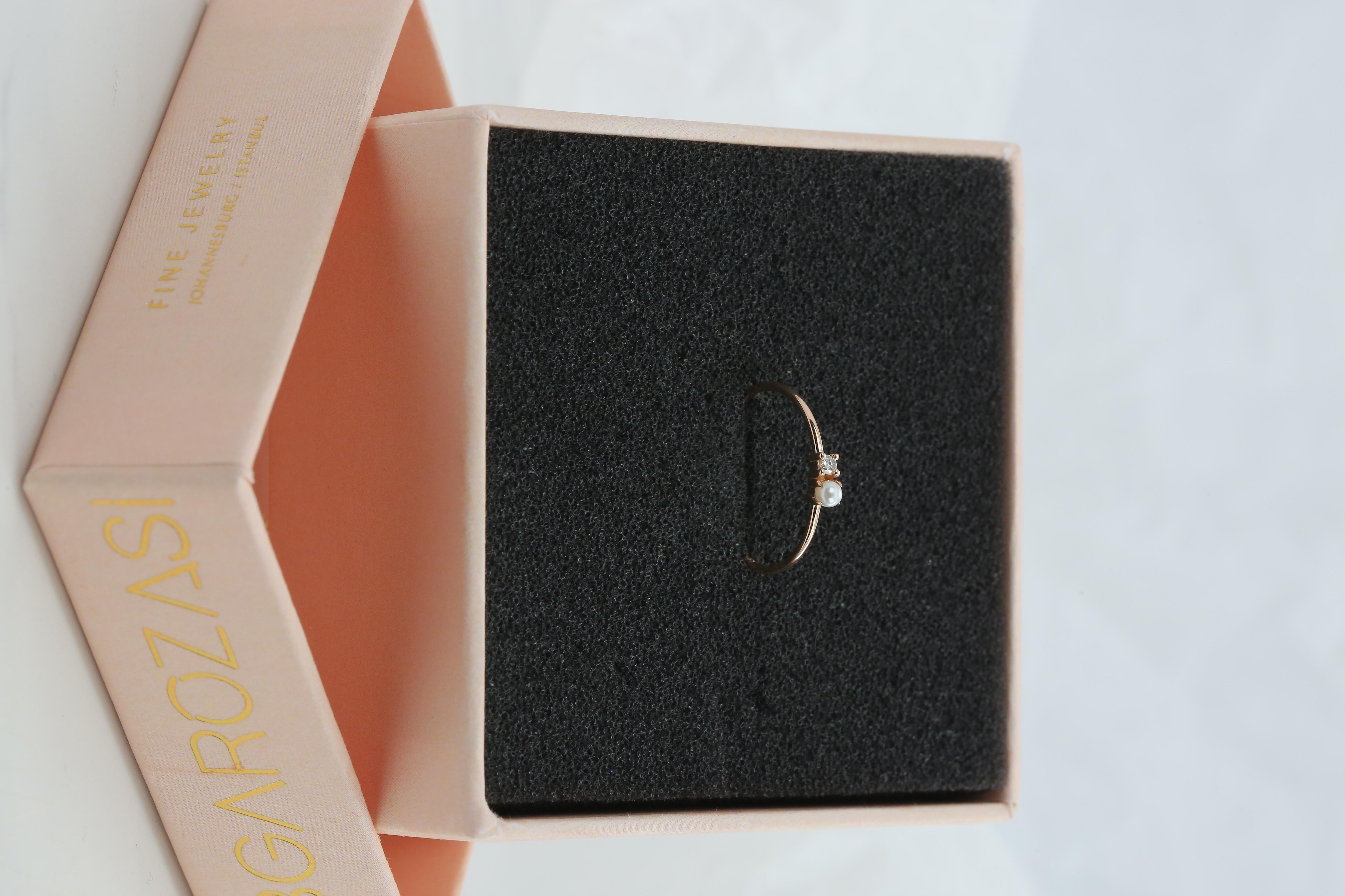 For Sale:  One Pearl and Diamond Ring, 14k Gold Pearl Ring, Minimalist Style Ring 7