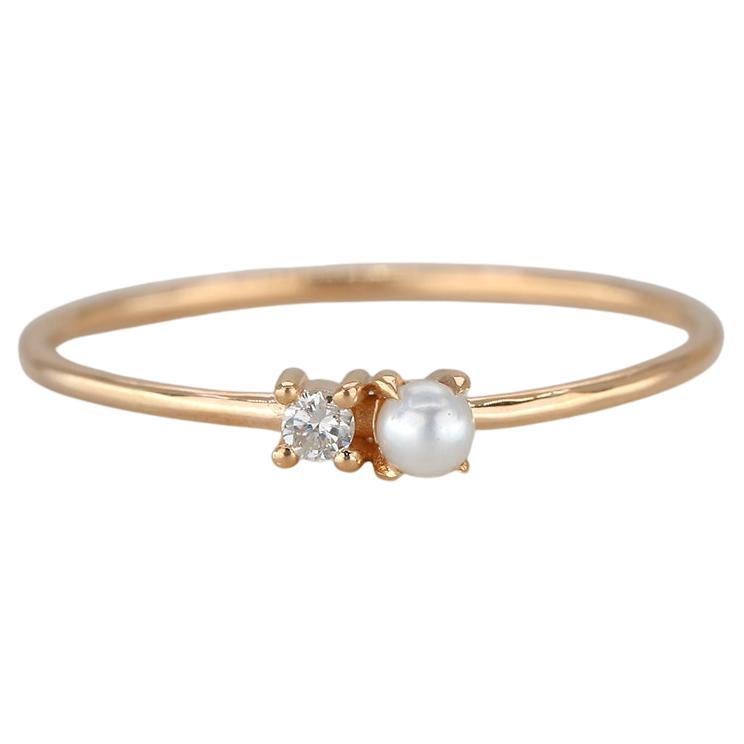 For Sale:  One Pearl and Diamond Ring, 14k Gold Pearl Ring, Minimalist Style Ring