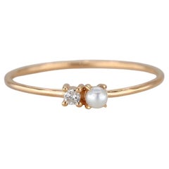 Used One Pearl and Diamond Ring, 14k Gold Pearl Ring, Minimalist Style Ring