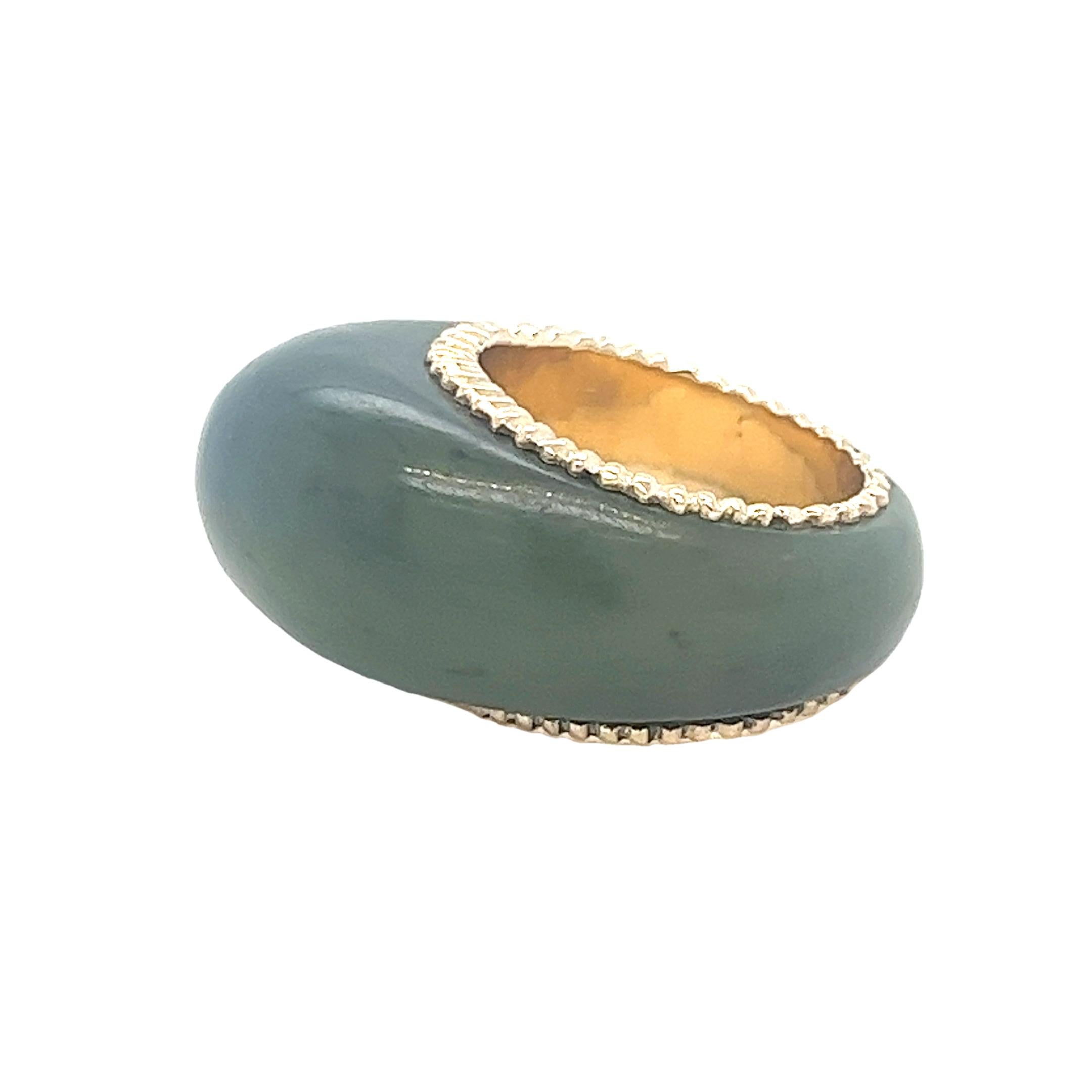 Uncut One-Piece Carved Jade Dome Ring with Yellow Gold Accents For Sale