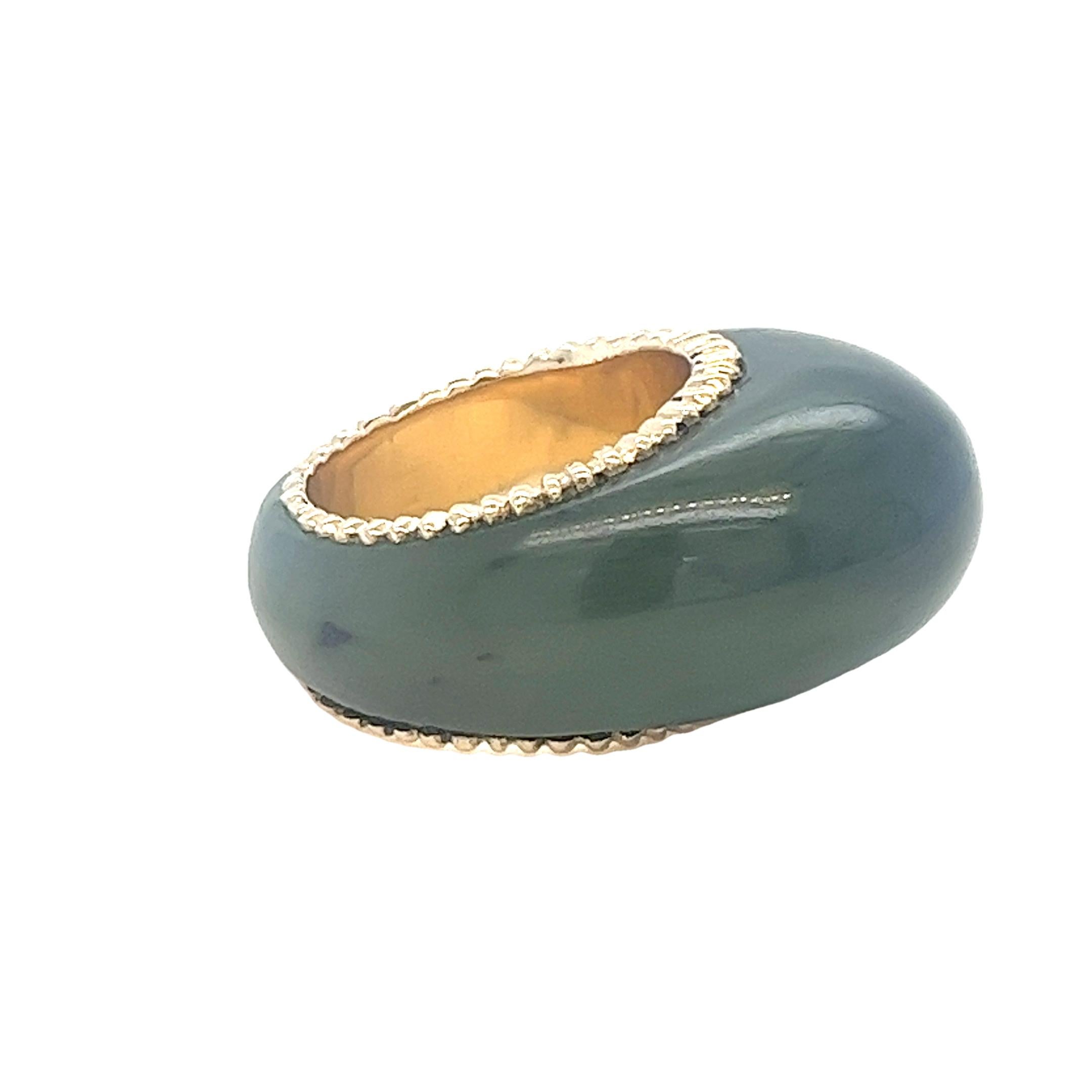 Women's One-Piece Carved Jade Dome Ring with Yellow Gold Accents For Sale