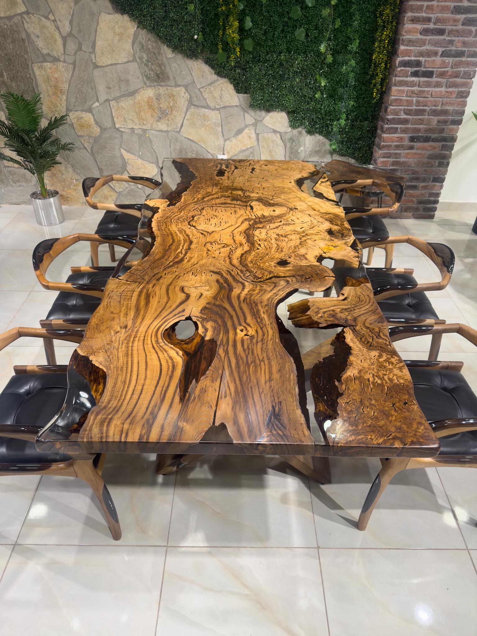 Hand-Carved One-Piece Chestnut Live EdgeClear Epoxy Resin Dining Table For Sale