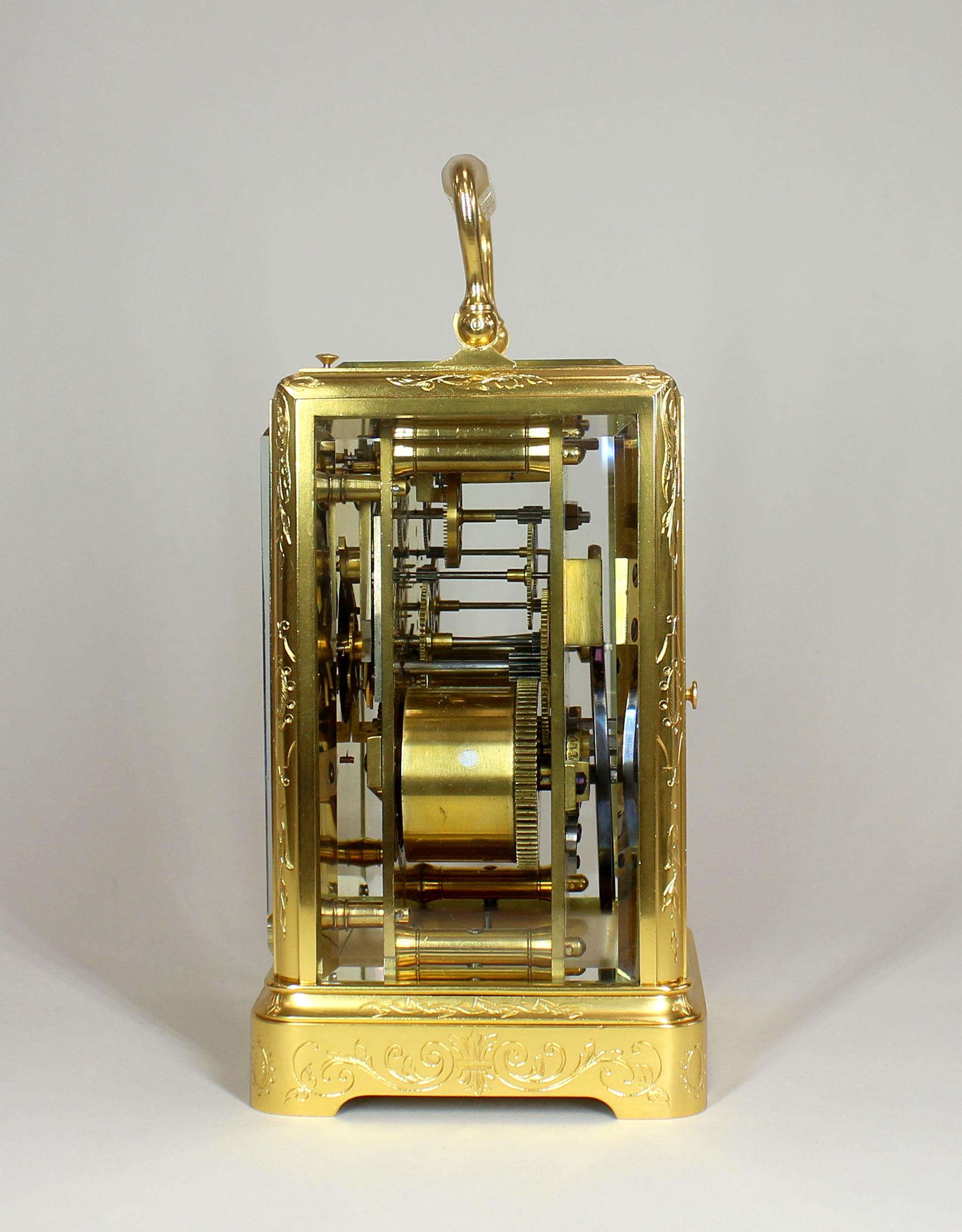 French One Piece Engraved Repeating Carriage Clock For Sale