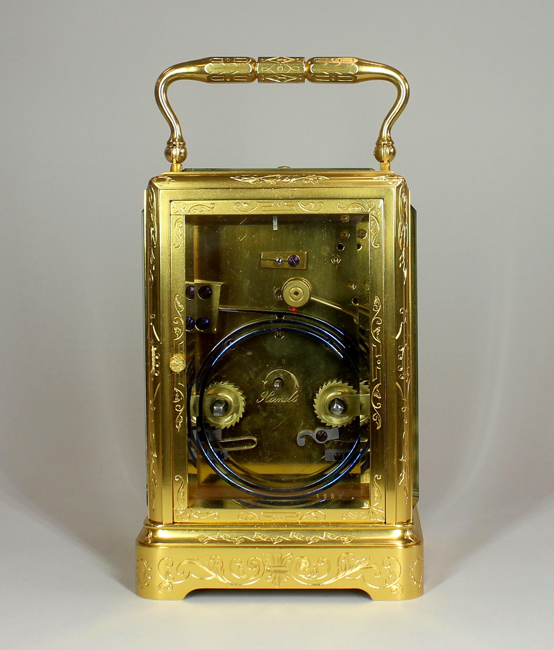 Gilt One Piece Engraved Repeating Carriage Clock For Sale
