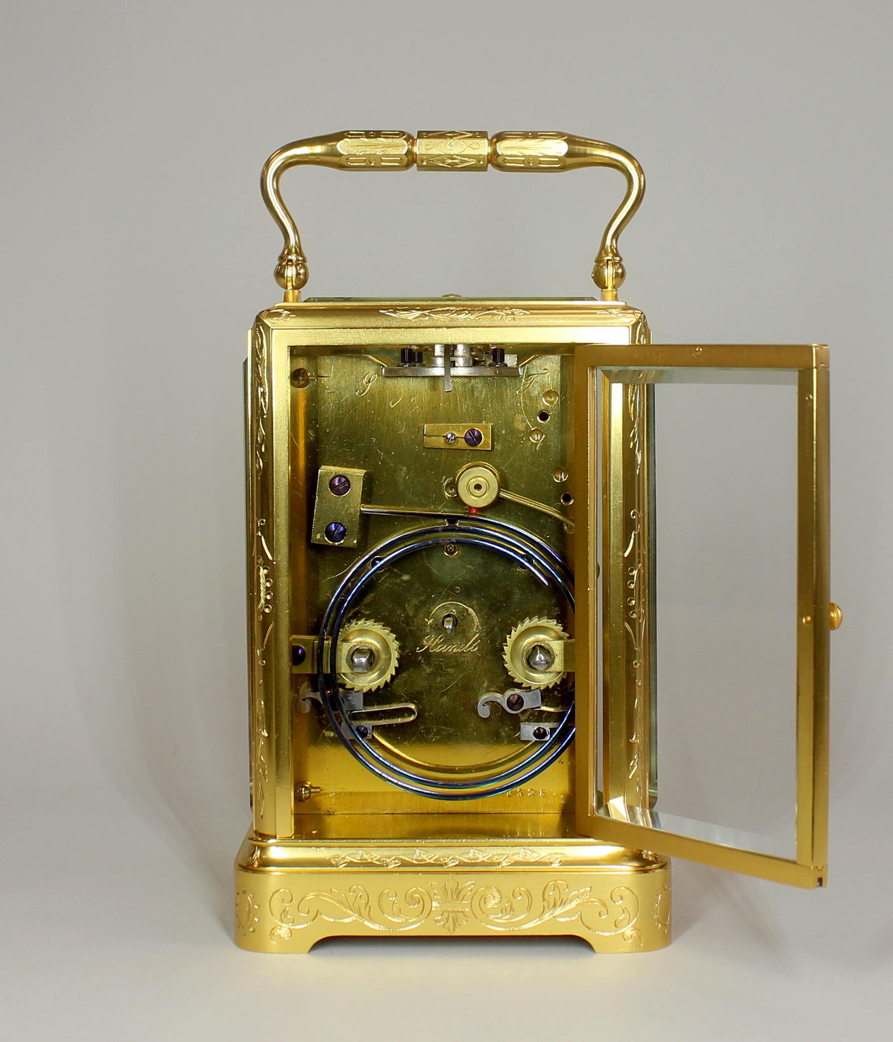 One Piece Engraved Repeating Carriage Clock In Good Condition For Sale In Amersham, GB