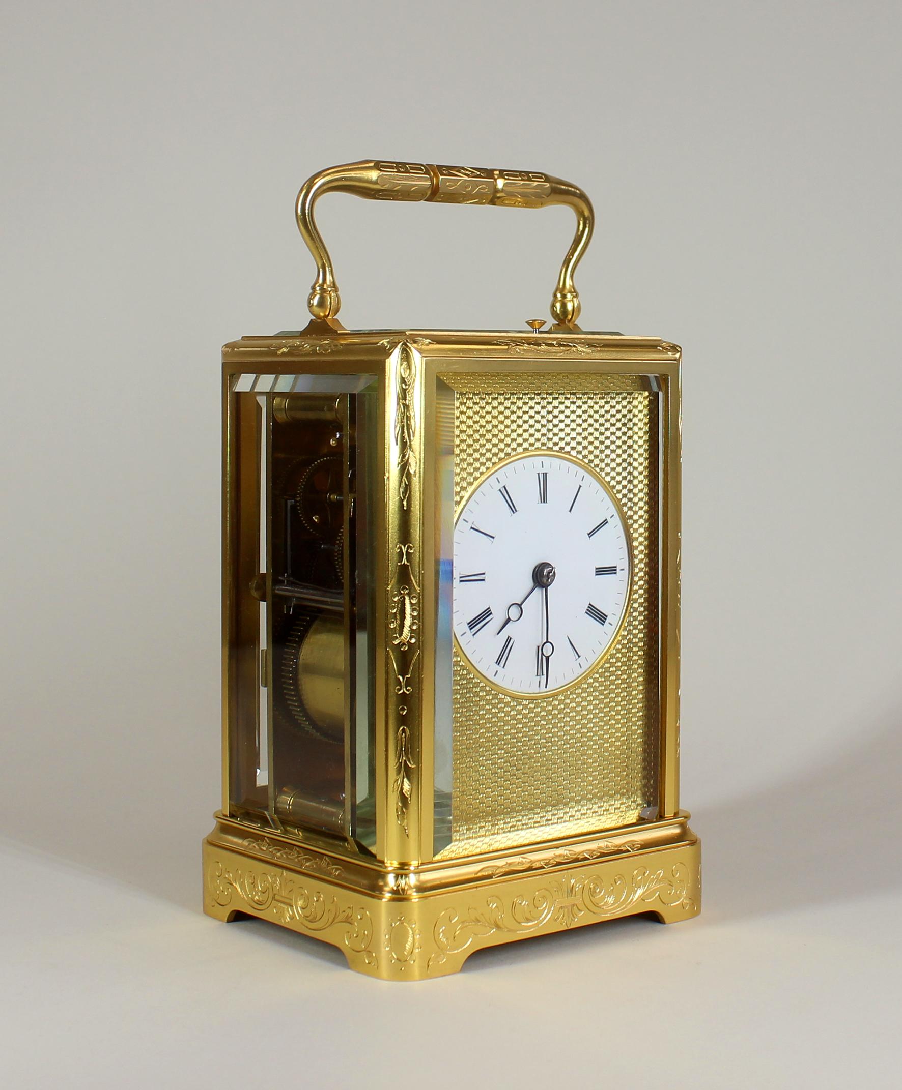 Brass One Piece Engraved Repeating Carriage Clock For Sale